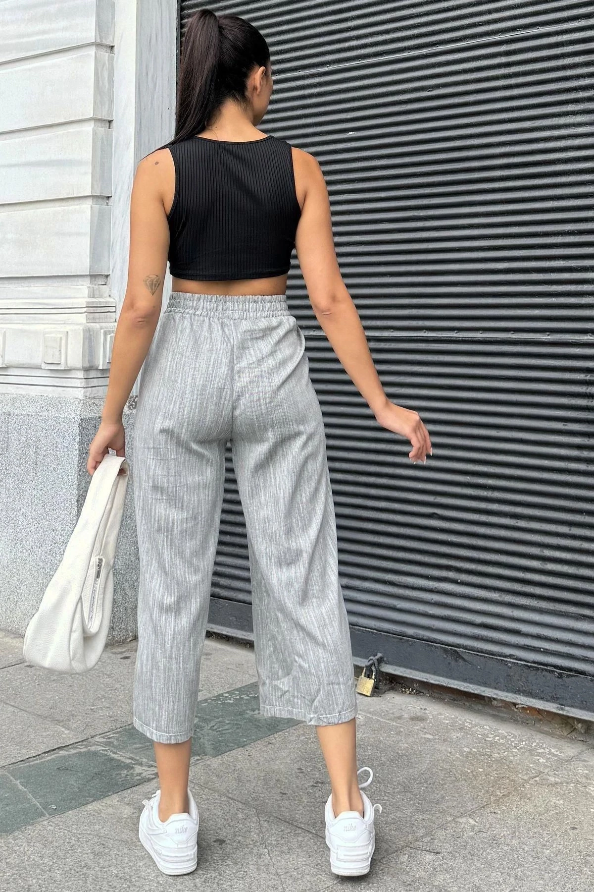 Kadın Laci Lastikli Yüksek Bel, Cepli, Yırtmaçlı, Geniş Paça, Salaş Keten Kapri Pantolon