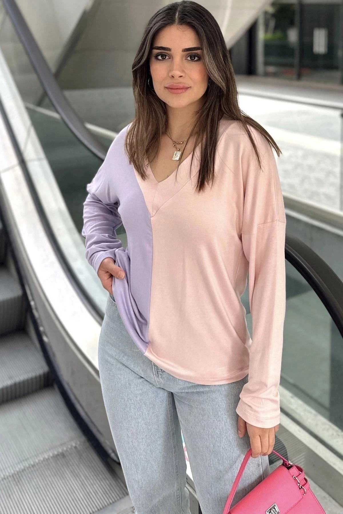 Kadın Lila & Pudra Blok Renkli, V Yaka, Uzun Kollu, Pamuklu Salaş Bluz