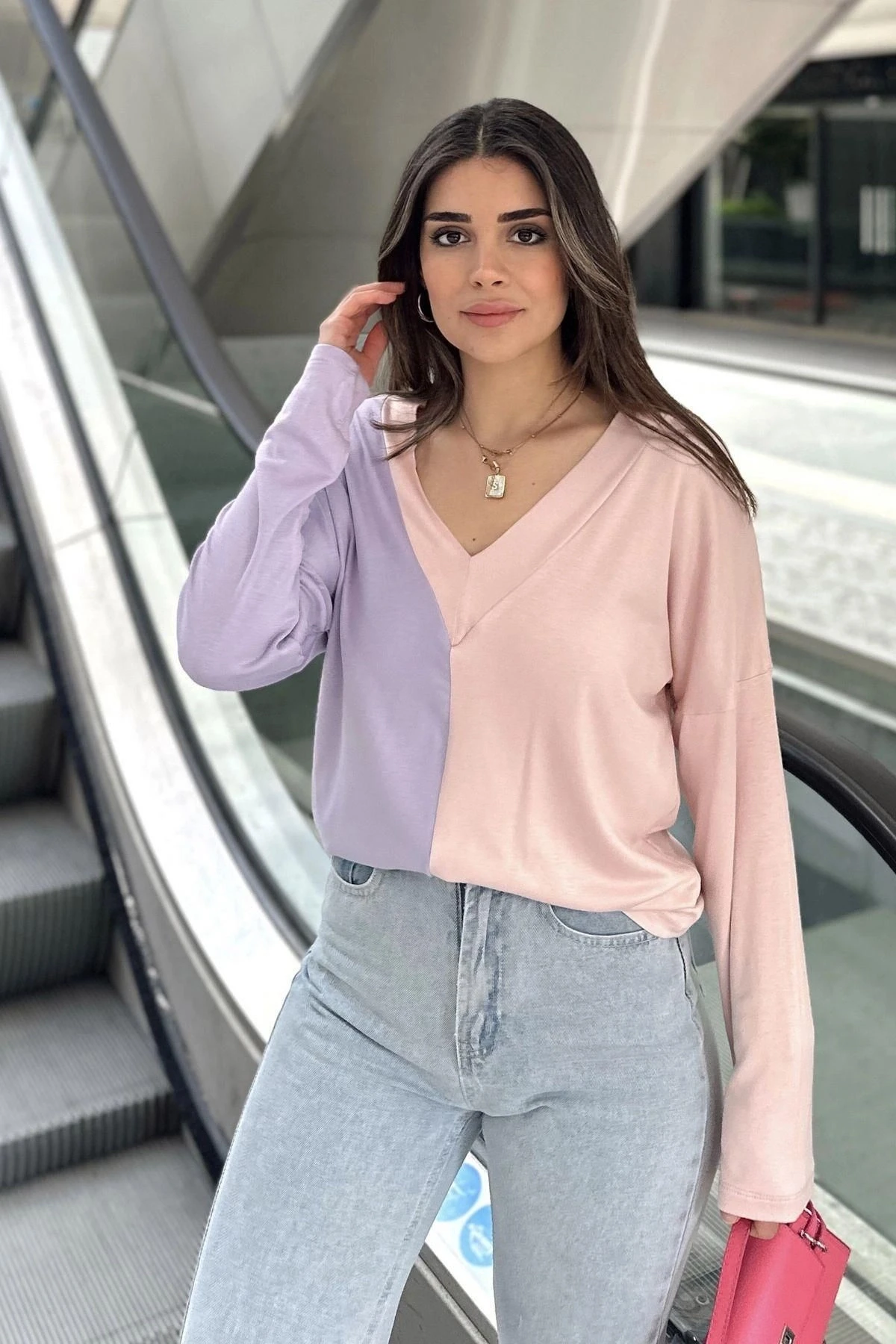 Kadın Lila & Pudra Blok Renkli, V Yaka, Uzun Kollu, Pamuklu Salaş Bluz