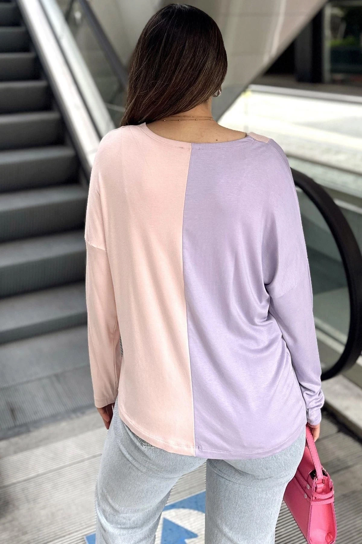 Kadın Lila & Pudra Blok Renkli, V Yaka, Uzun Kollu, Pamuklu Salaş Bluz