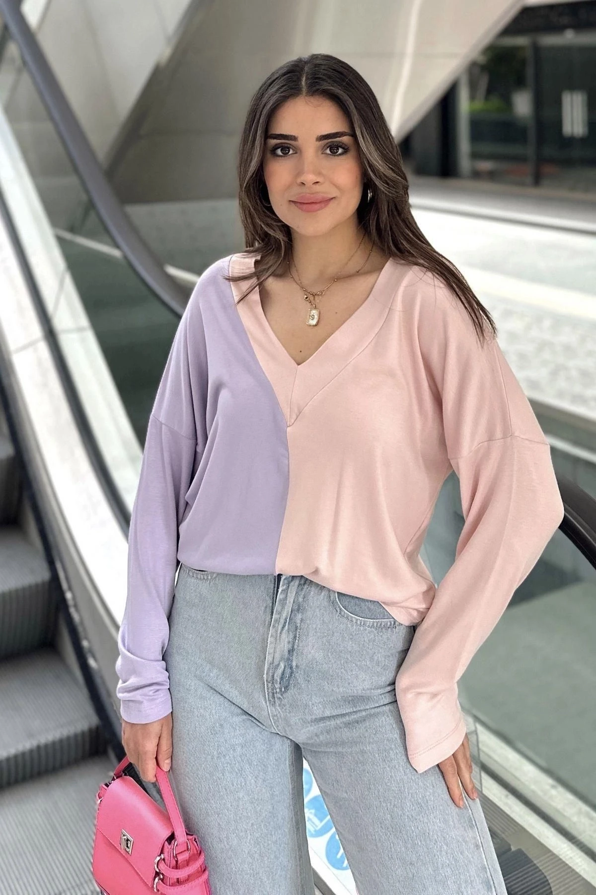 Kadın Lila & Pudra Blok Renkli, V Yaka, Uzun Kollu, Pamuklu Salaş Bluz