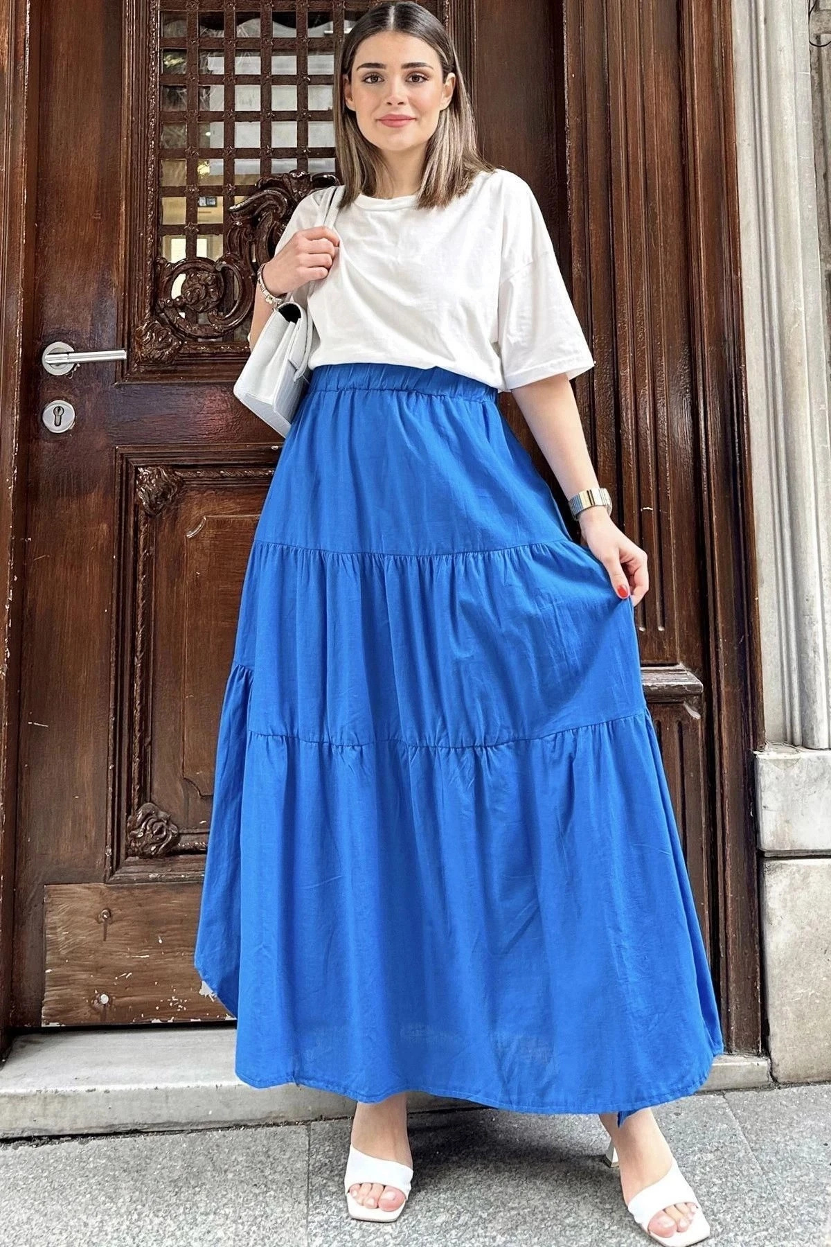 Kadın Mavi Asimetrik Kesim, Beli Lastikli, Fırfırlı Kat Kumaş, Uzun Pamuklu Etek