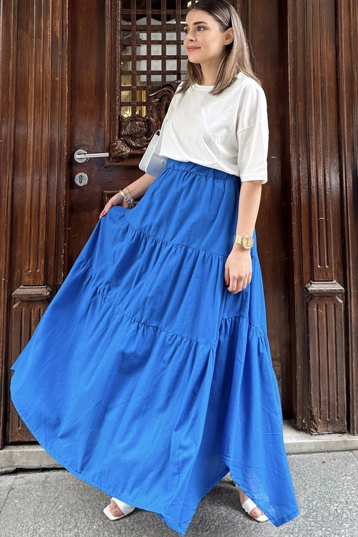 Kadın Mavi Asimetrik Kesim, Beli Lastikli, Fırfırlı Kat Kumaş, Uzun Pamuklu Etek