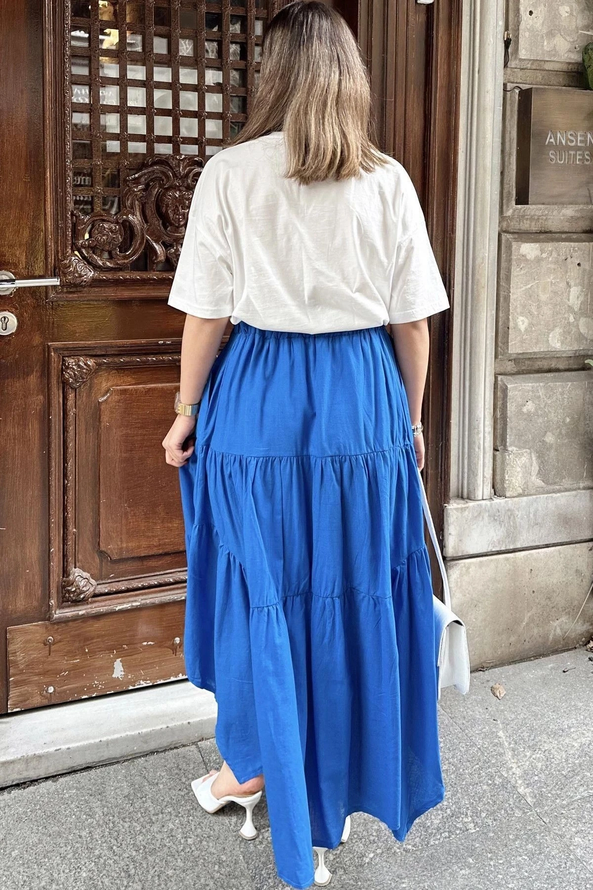 Kadın Mavi Asimetrik Kesim, Beli Lastikli, Fırfırlı Kat Kumaş, Uzun Pamuklu Etek