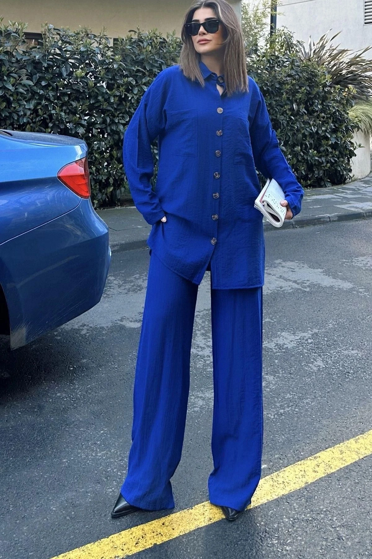 Kadın mavi Gofre Kumaş, Çift Cepli Gömlek & Bol Paça Pantolon - Salaş Alt & Üst Takım