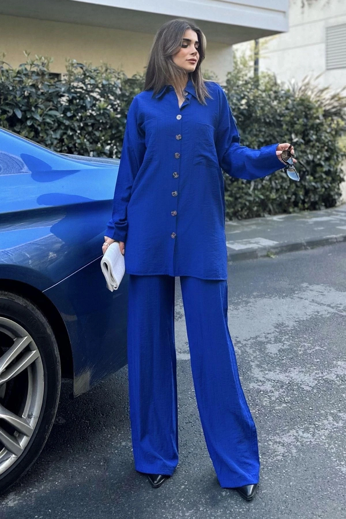 Kadın mavi Gofre Kumaş, Çift Cepli Gömlek & Bol Paça Pantolon - Salaş Alt & Üst Takım