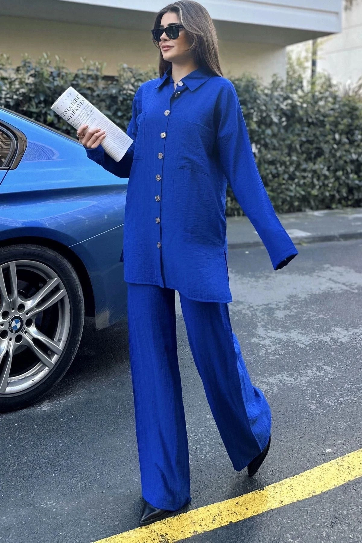 Kadın mavi Gofre Kumaş, Çift Cepli Gömlek & Bol Paça Pantolon - Salaş Alt & Üst Takım