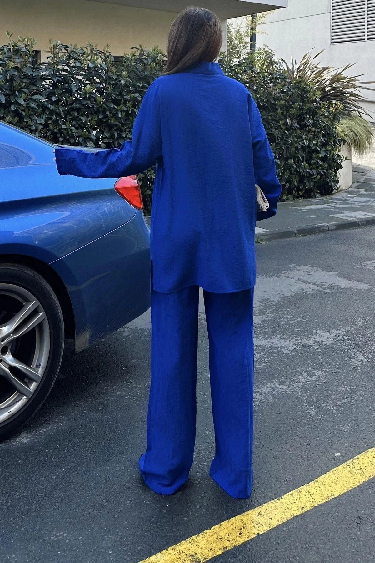 Kadın mavi Gofre Kumaş, Çift Cepli Gömlek & Bol Paça Pantolon - Salaş Alt & Üst Takım