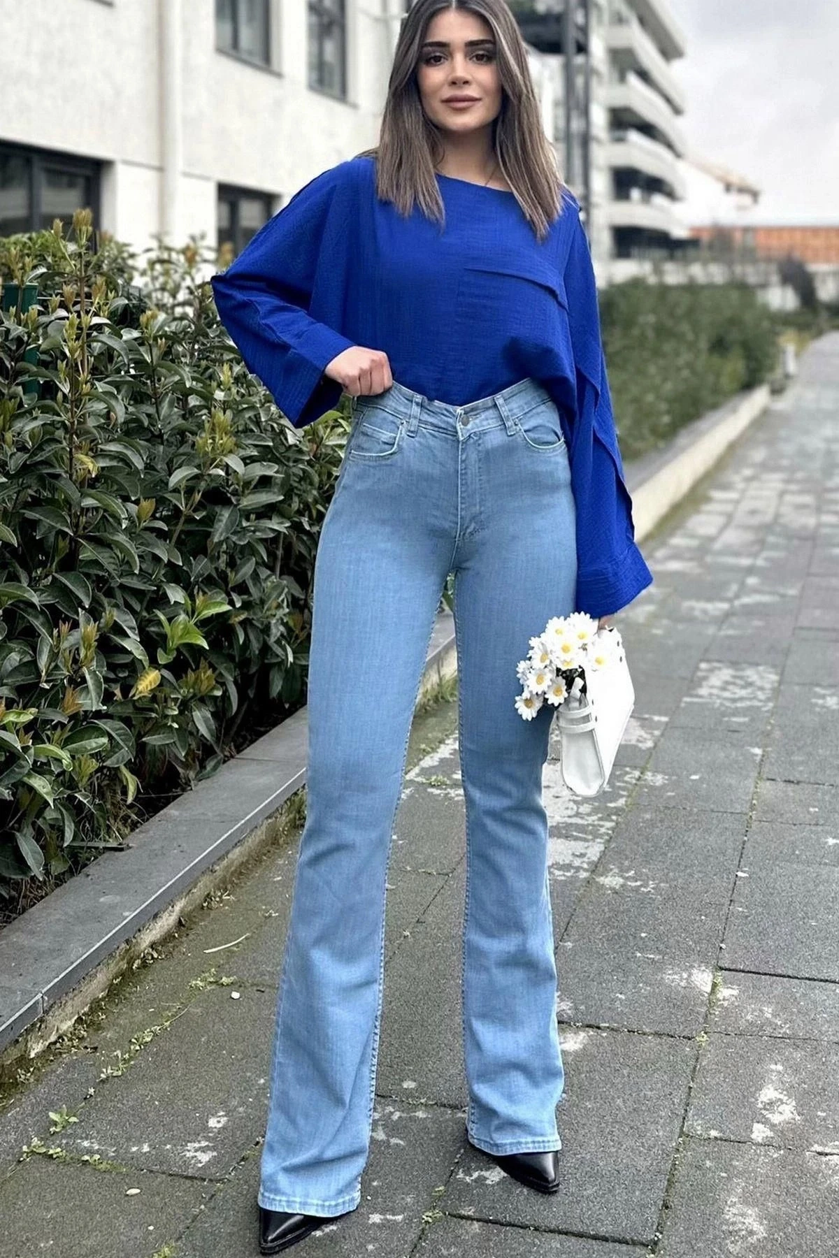 Kadın Mavi Yüksek Bel, Rahat Kesim, Bol Paça Kot Pantolon - Jeans