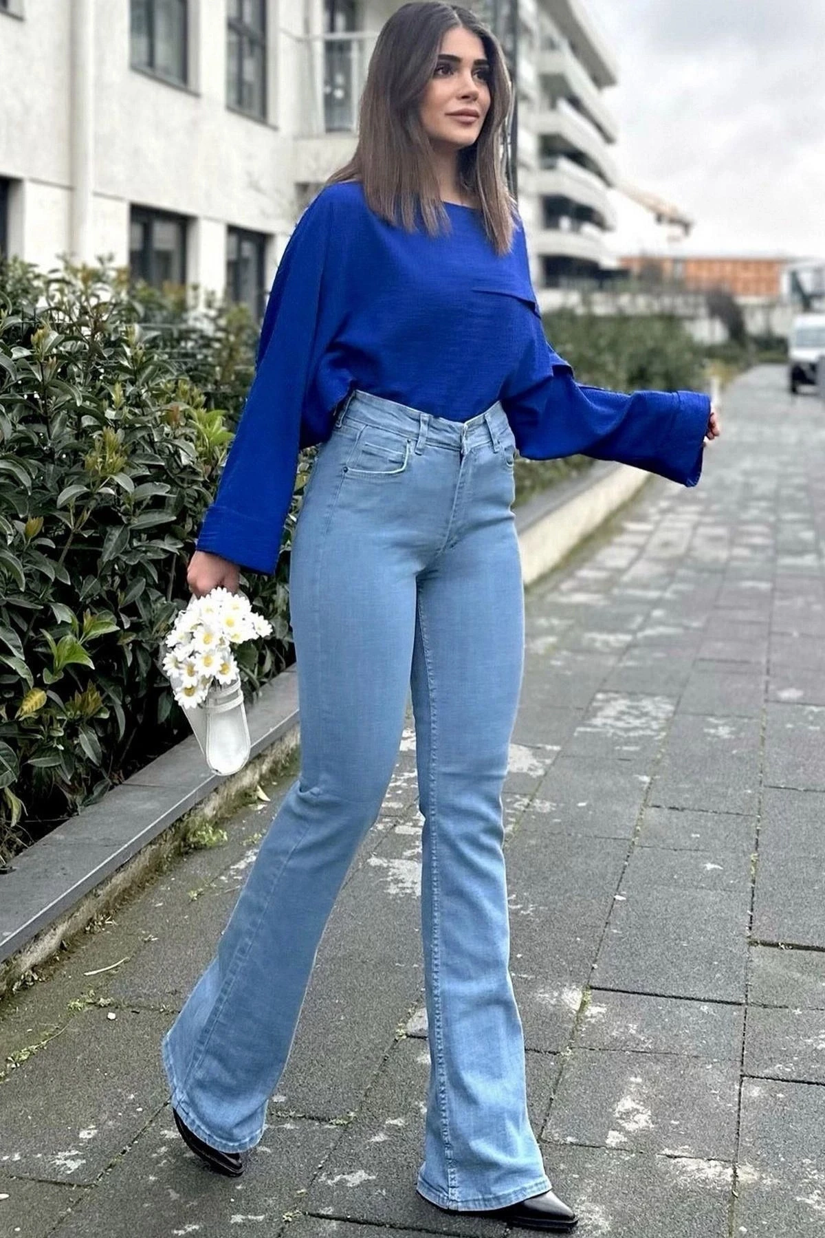 Kadın Mavi Yüksek Bel, Rahat Kesim, Bol Paça Kot Pantolon - Jeans