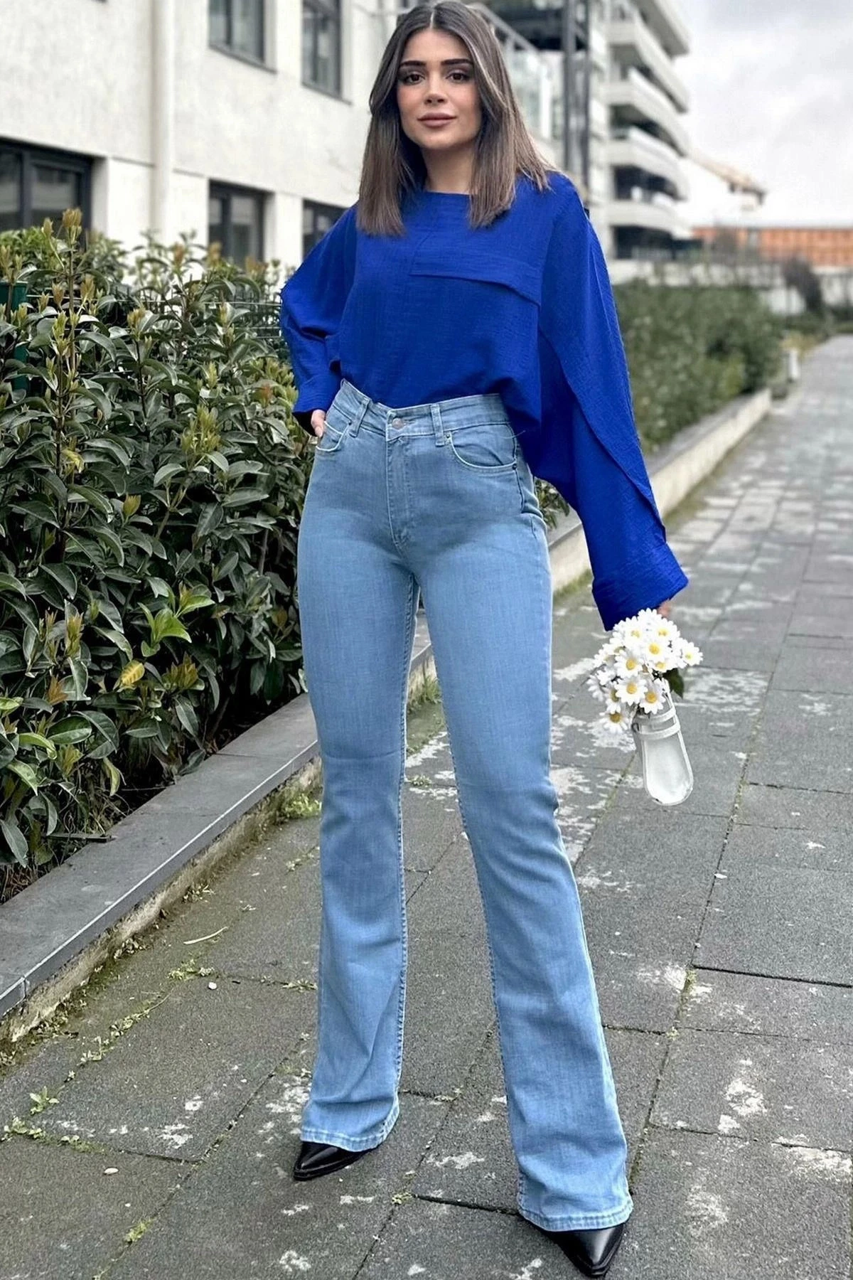 Kadın Mavi Yüksek Bel, Rahat Kesim, Bol Paça Kot Pantolon - Jeans