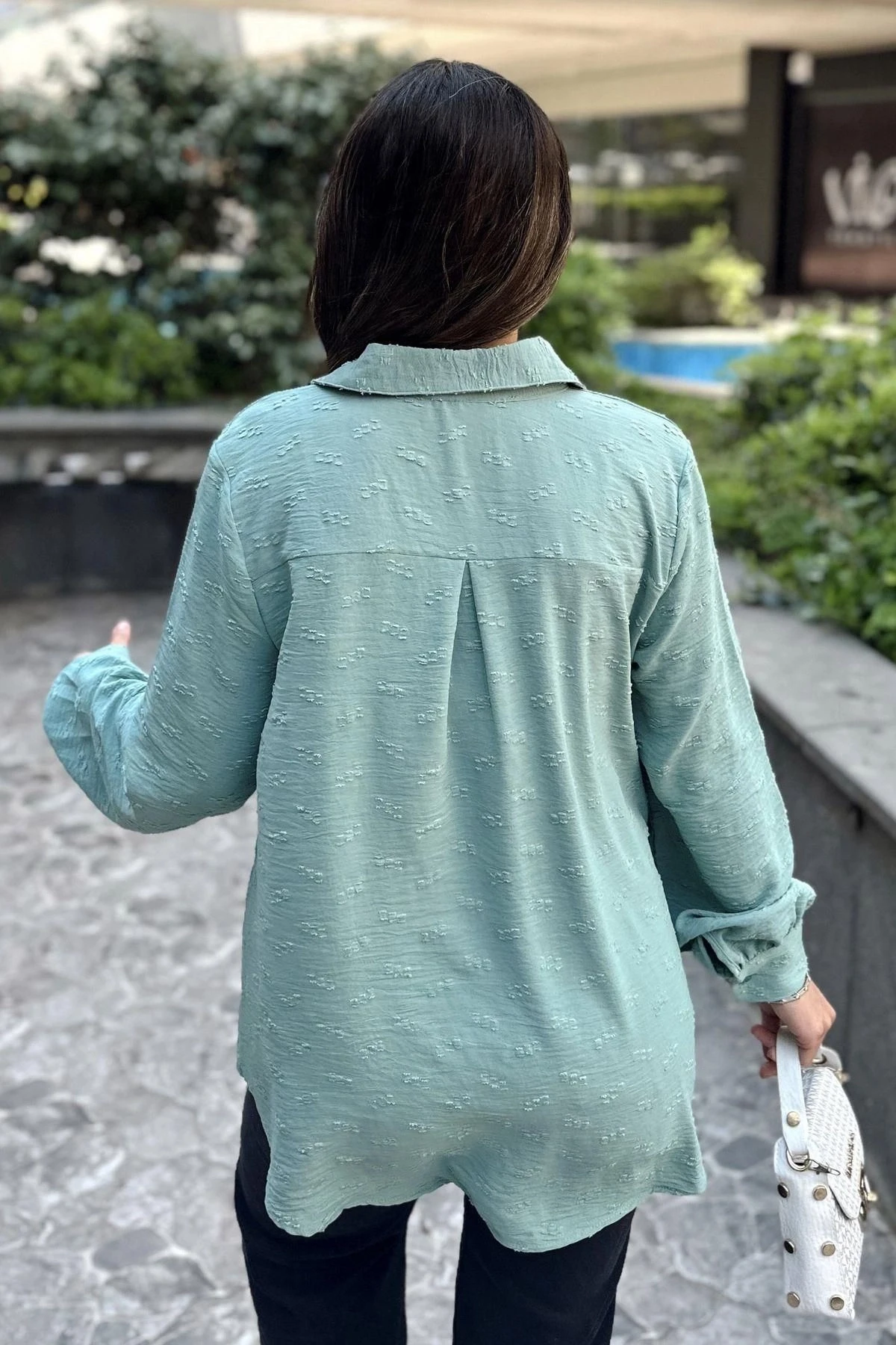 Kadın Mint Dokulu Kumaş, Uzun, Balon Kollu, Rahat Kesim, Pamuklu Gömlek