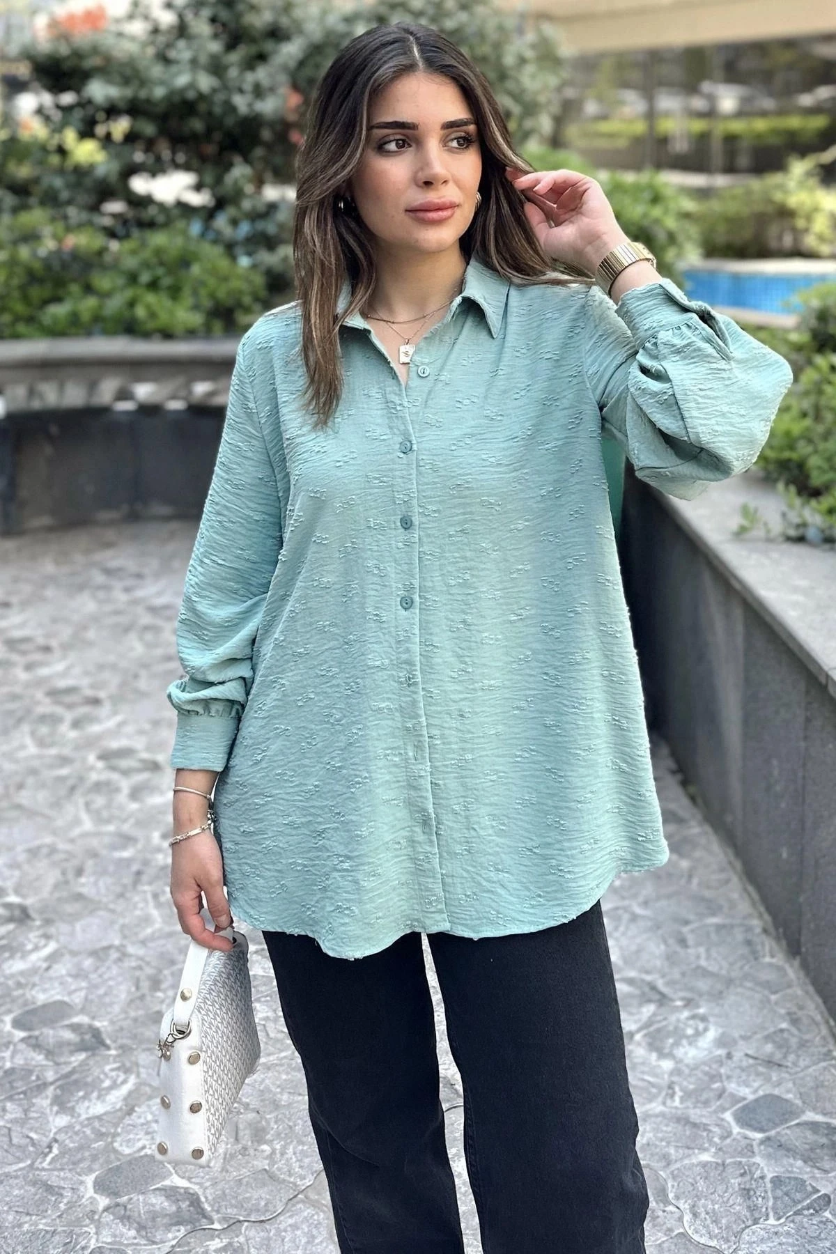 Kadın Mint Dokulu Kumaş, Uzun, Balon Kollu, Rahat Kesim, Pamuklu Gömlek