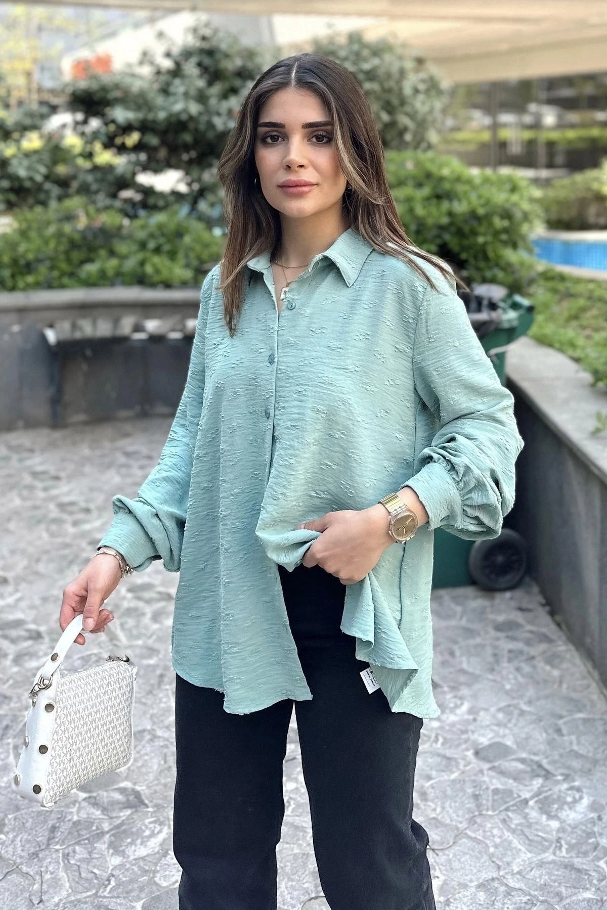 Kadın Mint Dokulu Kumaş, Uzun, Balon Kollu, Rahat Kesim, Pamuklu Gömlek