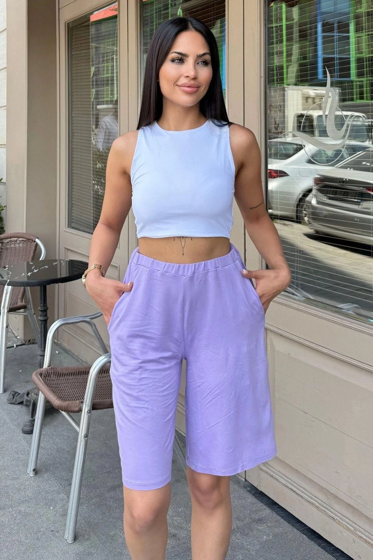 Kadın Mor Beli Lastikli, Terletmez Kumaş, Cepli, Salaş Kapri Şort