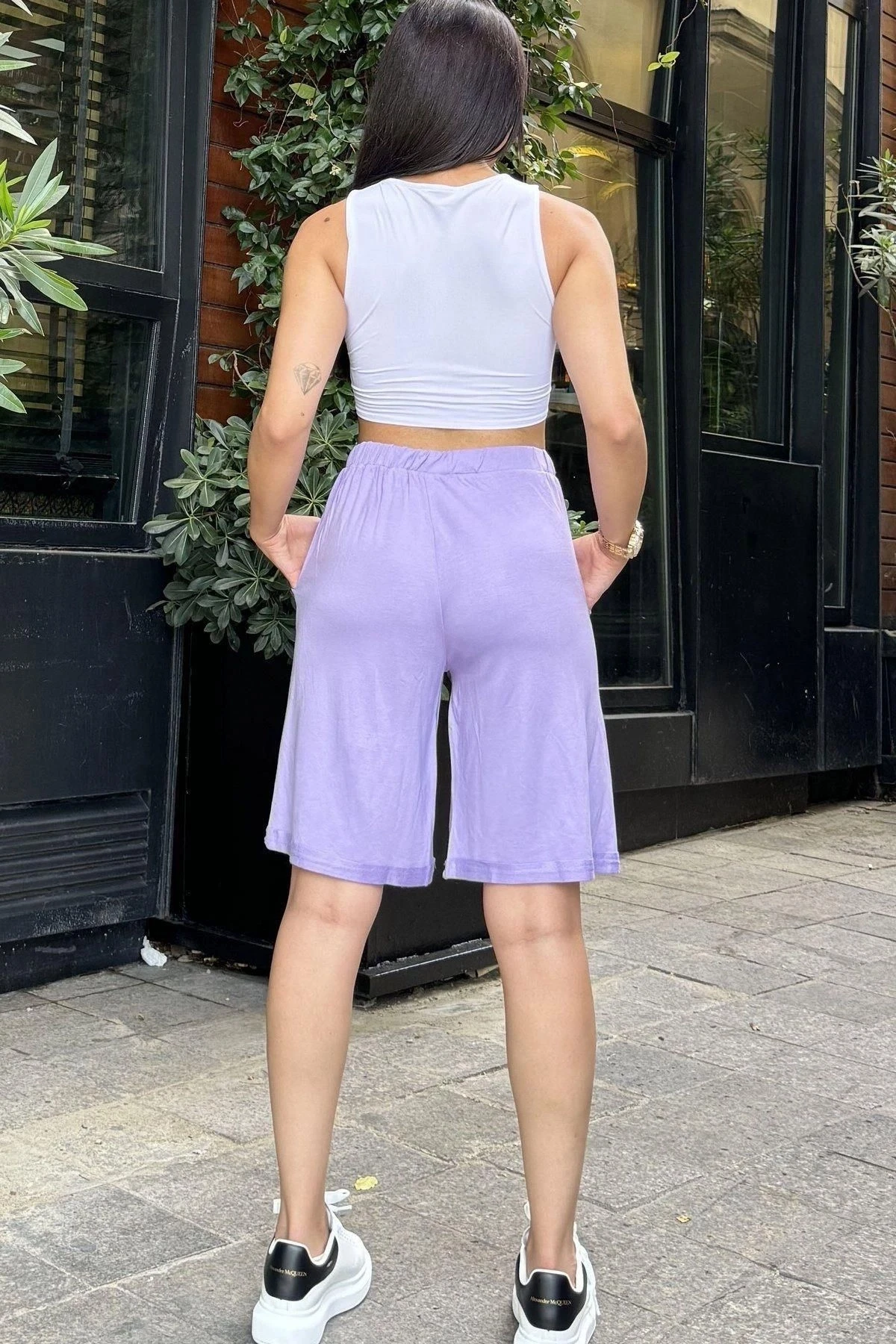 Kadın Mor Duble Paça, Beli Lastikli Terletmez, Cepli, Salaş Kapri Şort