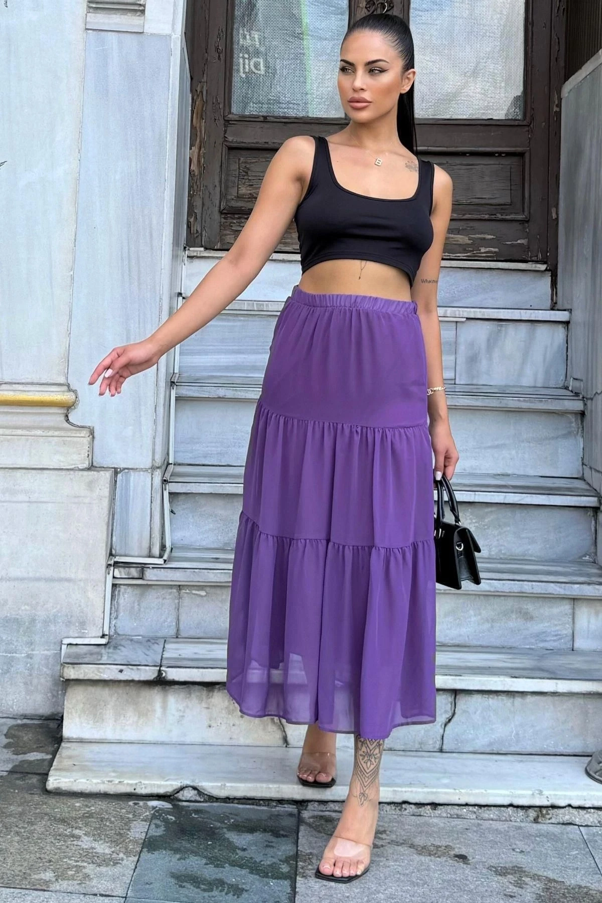 Kadın Mor Kat Kumaşlı, Rahat Kesim, Bel Lastikli, Uzun Şifon Etek