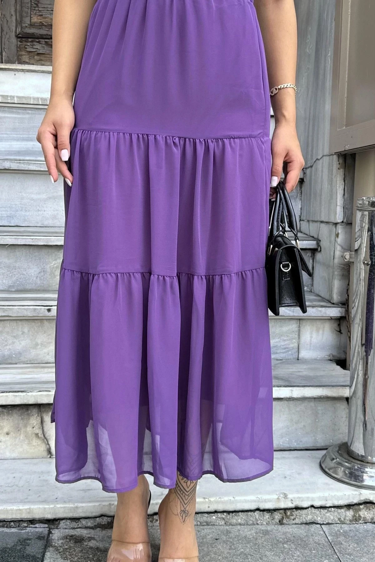 Kadın Mor Kat Kumaşlı, Rahat Kesim, Bel Lastikli, Uzun Şifon Etek