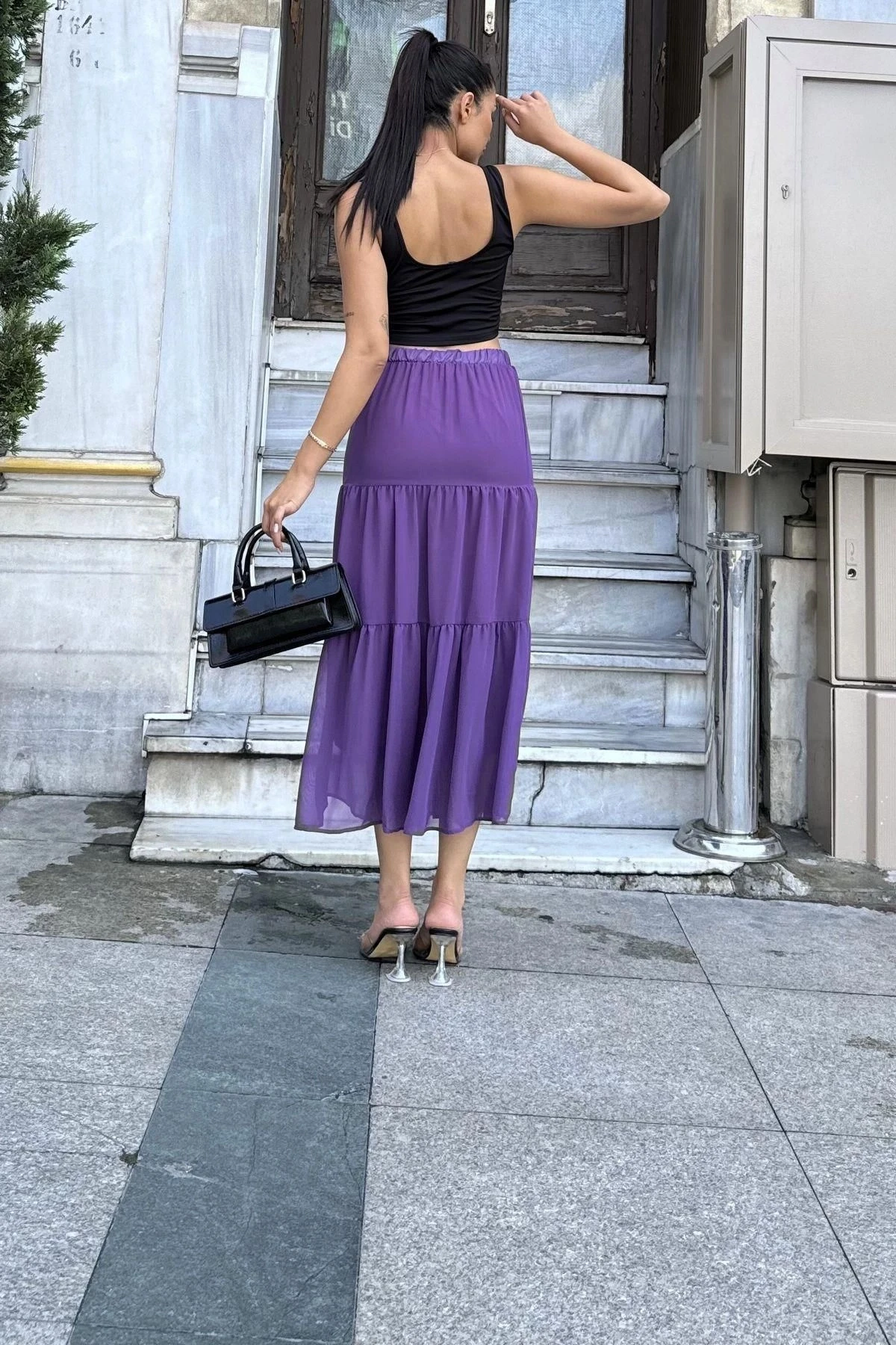 Kadın Mor Kat Kumaşlı, Rahat Kesim, Bel Lastikli, Uzun Şifon Etek