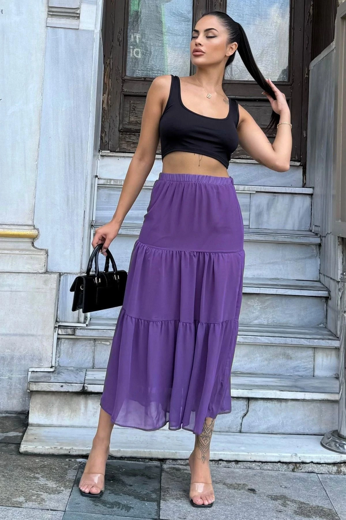 Kadın Mor Kat Kumaşlı, Rahat Kesim, Bel Lastikli, Uzun Şifon Etek