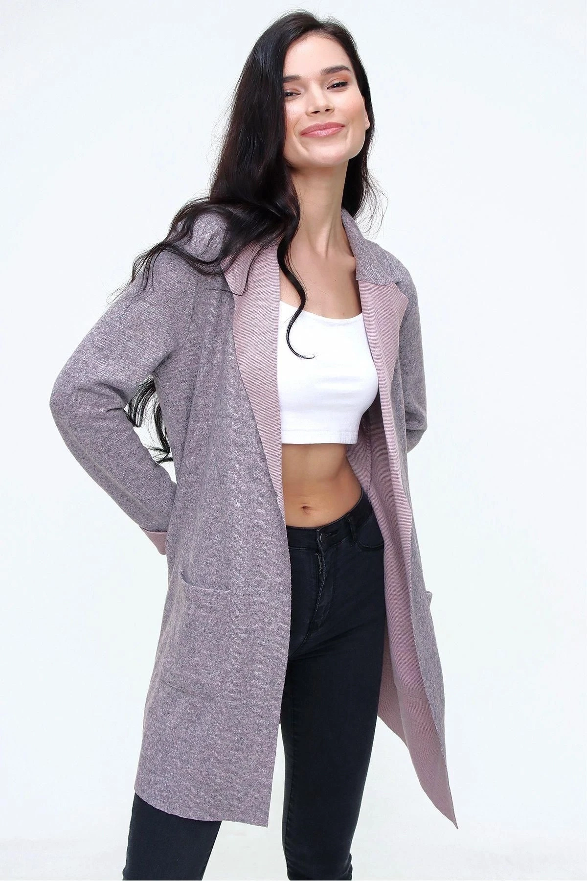 Kadın Pudra Dokulu Çift Cep Uzun Ceket Hırka Uzun Kol - Tesettüre Uygun