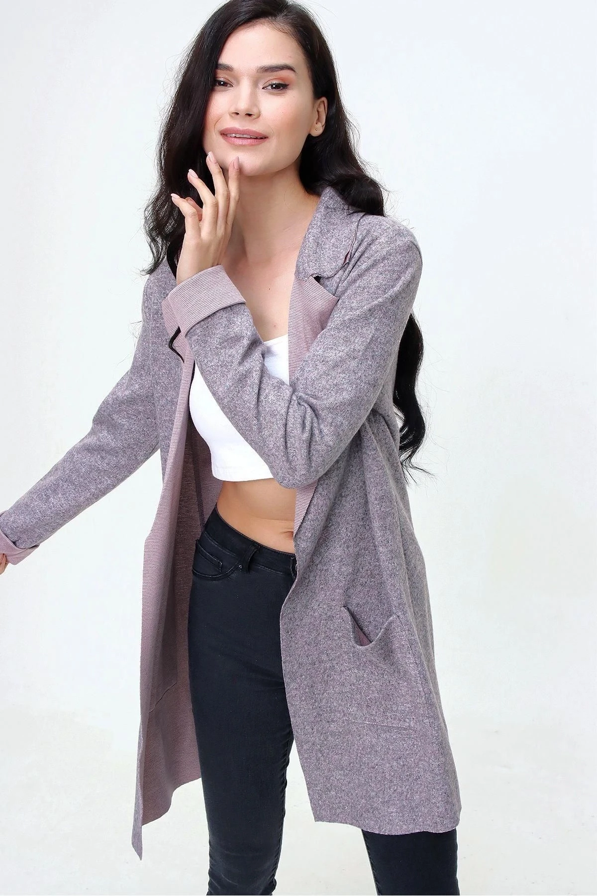 Kadın Pudra Dokulu Çift Cep Uzun Ceket Hırka Uzun Kol - Tesettüre Uygun