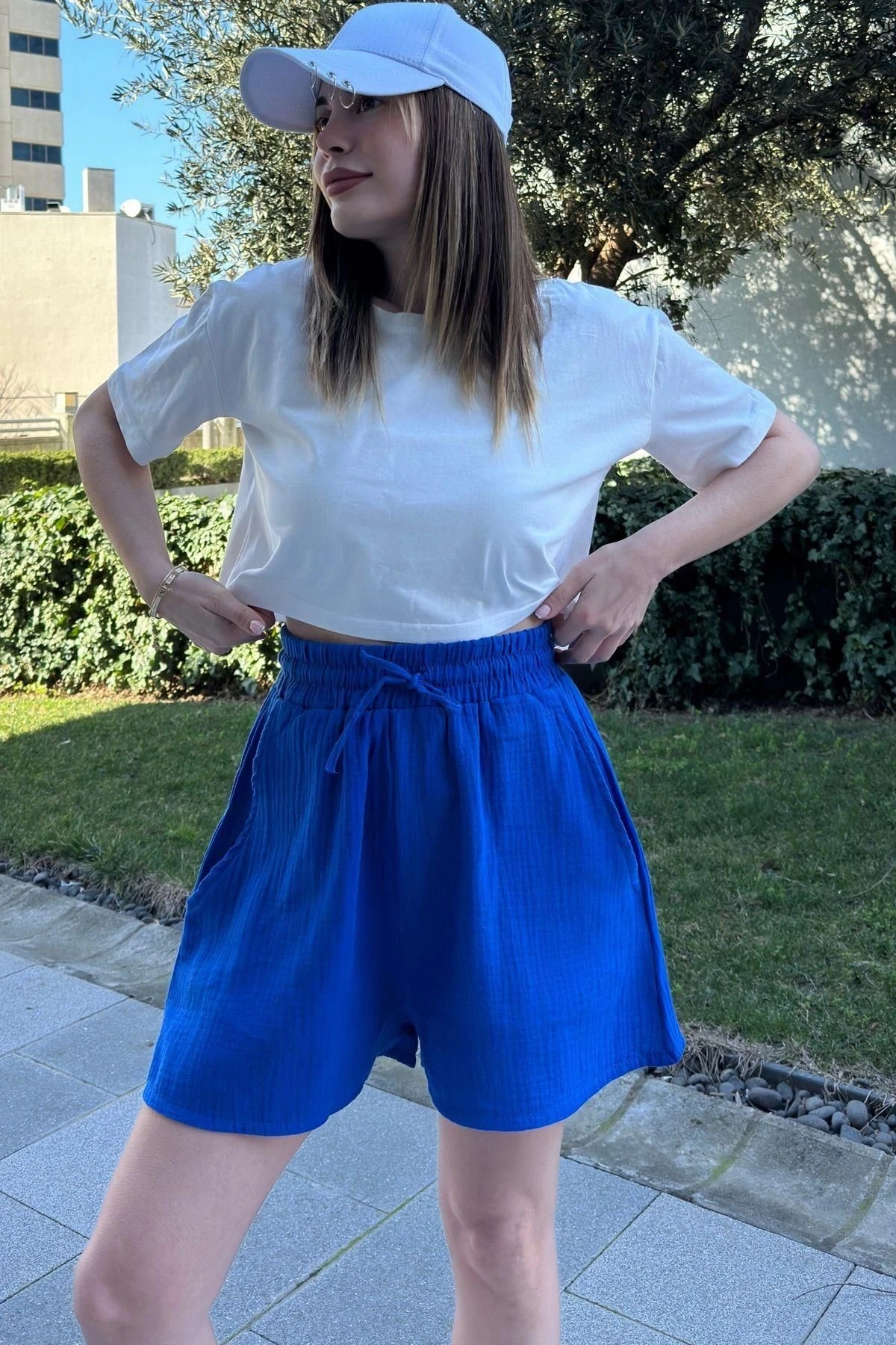 Kadın Saks Cepli, Bağcıklı, Beli Lastikli, Salaş Müslin Şort