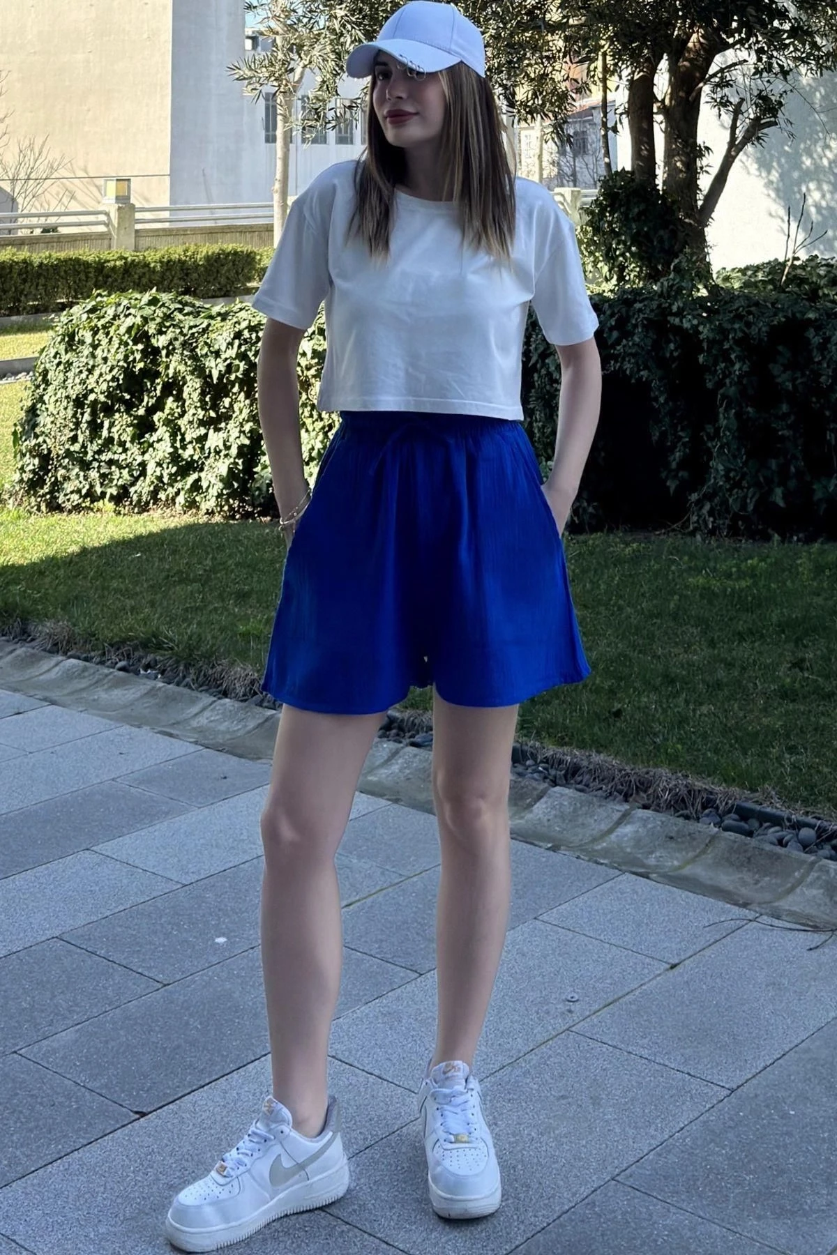 Kadın Saks Cepli, Bağcıklı, Beli Lastikli, Salaş Müslin Şort