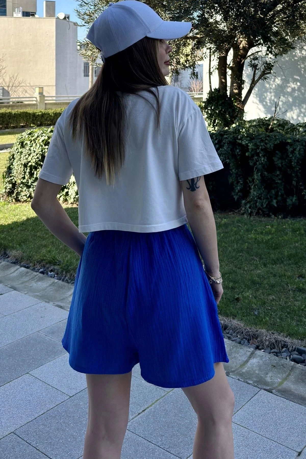 Kadın Saks Cepli, Bağcıklı, Beli Lastikli, Salaş Müslin Şort