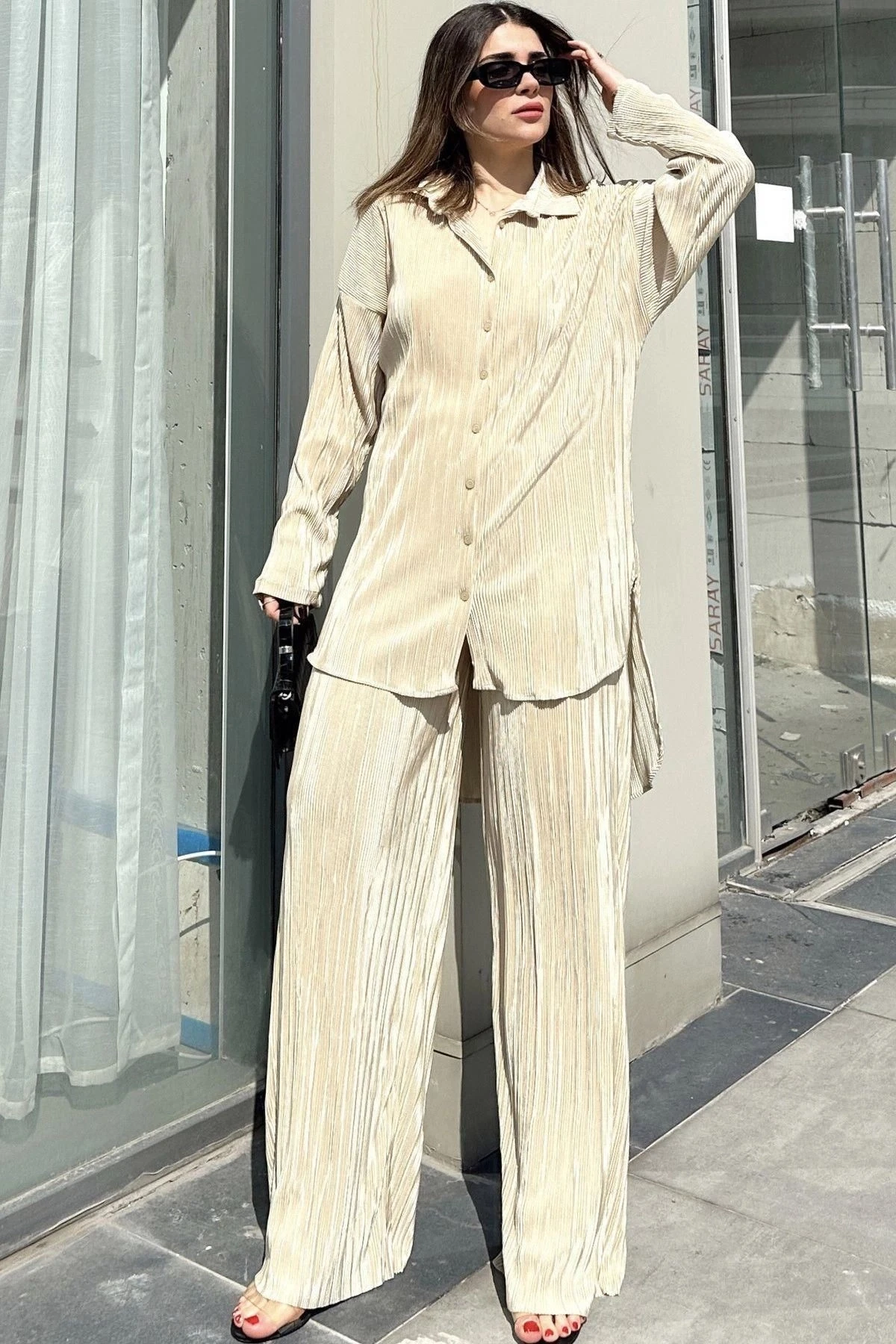 Kadın Sarı Uzun Tunik Gömlek & Beli Lastikli, Bol Paça Pantolon - Salaş Bürümcük Takım