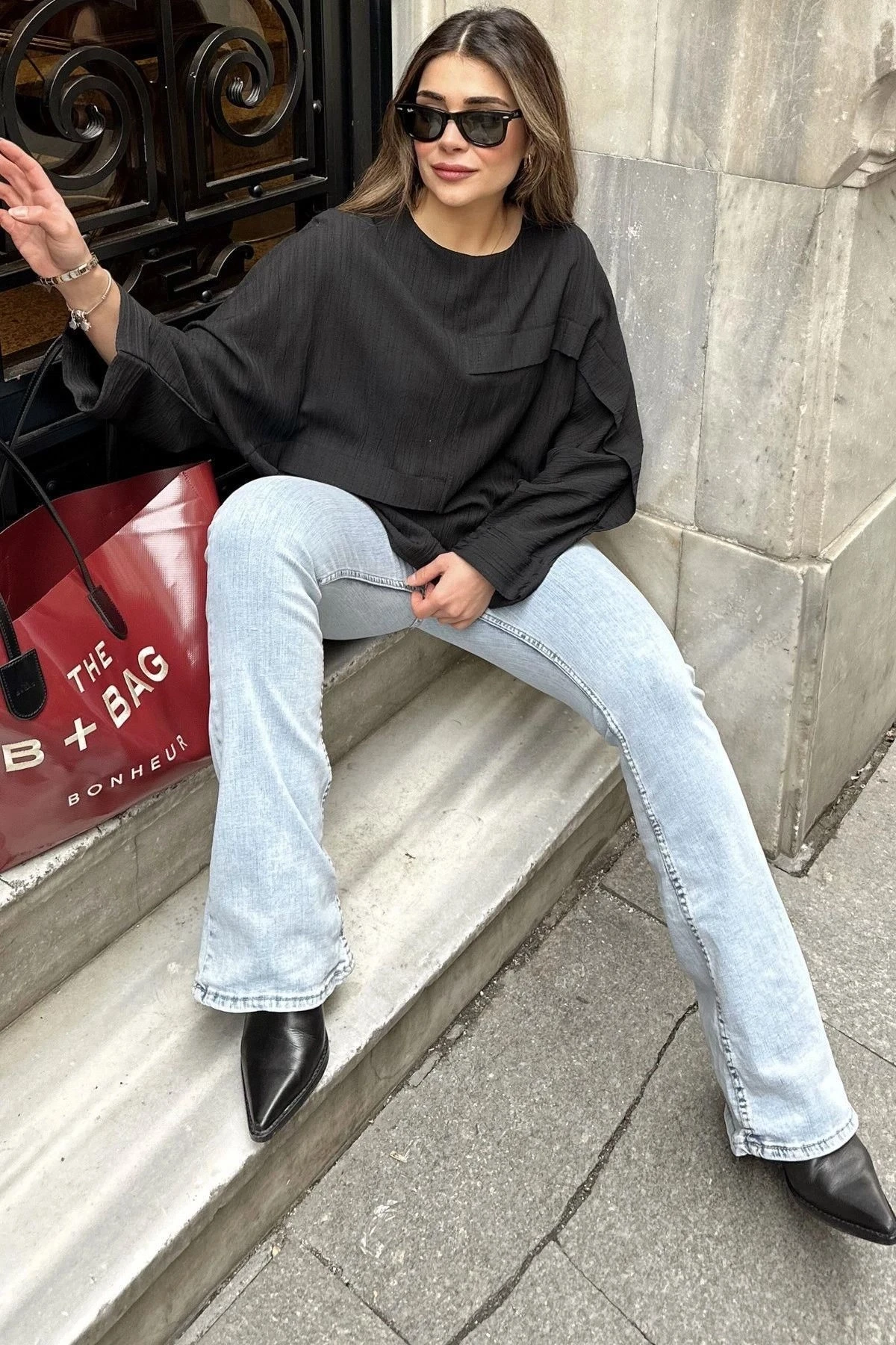 Kadın siyah Duble Geniş Manşet, Yarasa Kol, Süs Cep Detaylı, Salaş Bluz