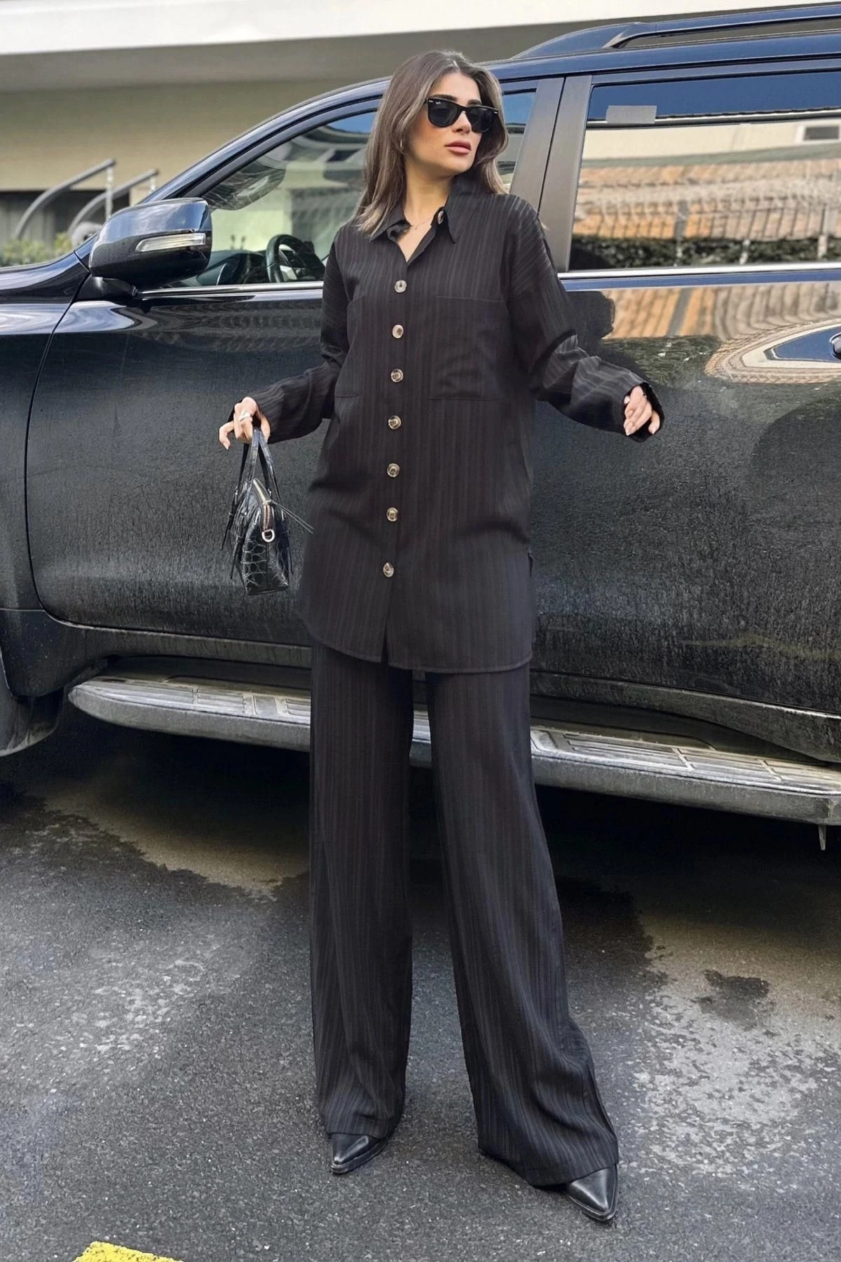 Kadın siyah Gofre Kumaş, Çift Cepli Gömlek & Bol Paça Pantolon - Salaş Alt & Üst Takım