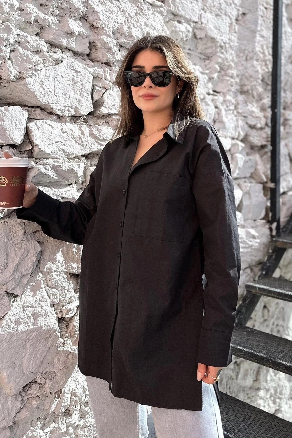 Kadın siyah Terikoton Kumaş, Yırtmaçlı, Rahat Uzun Gömlek