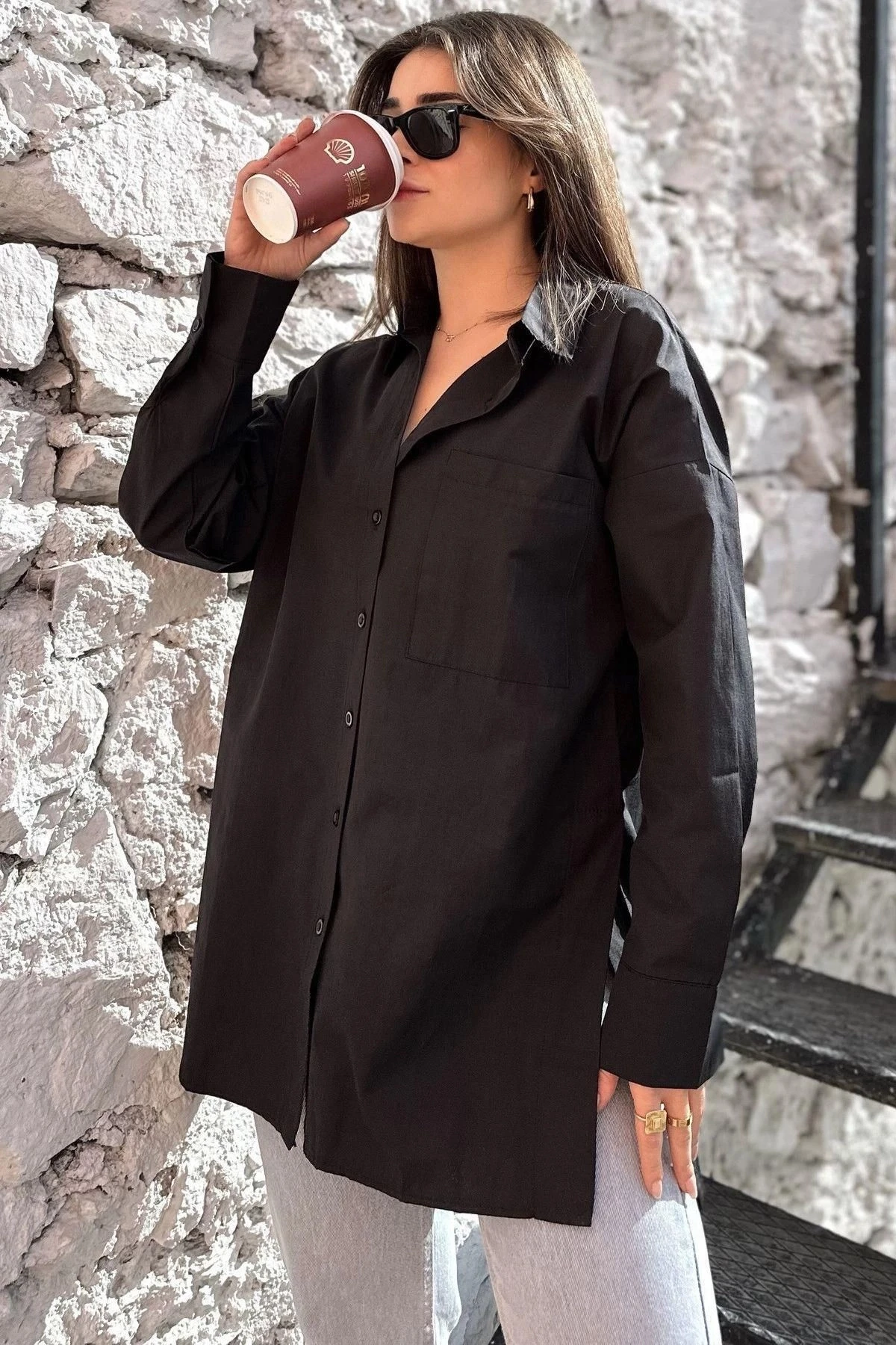 Kadın siyah Terikoton Kumaş, Yırtmaçlı, Rahat Uzun Gömlek