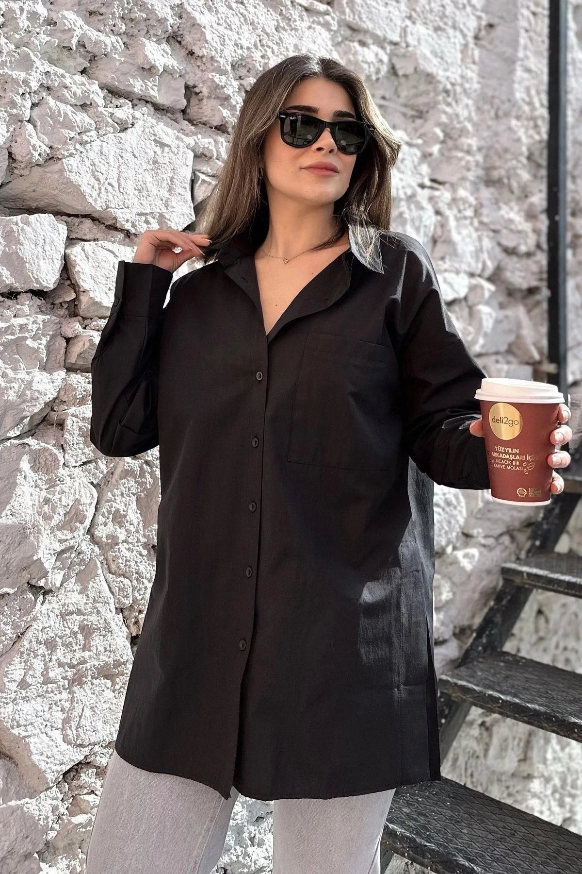 Kadın siyah Terikoton Kumaş, Yırtmaçlı, Rahat Uzun Gömlek