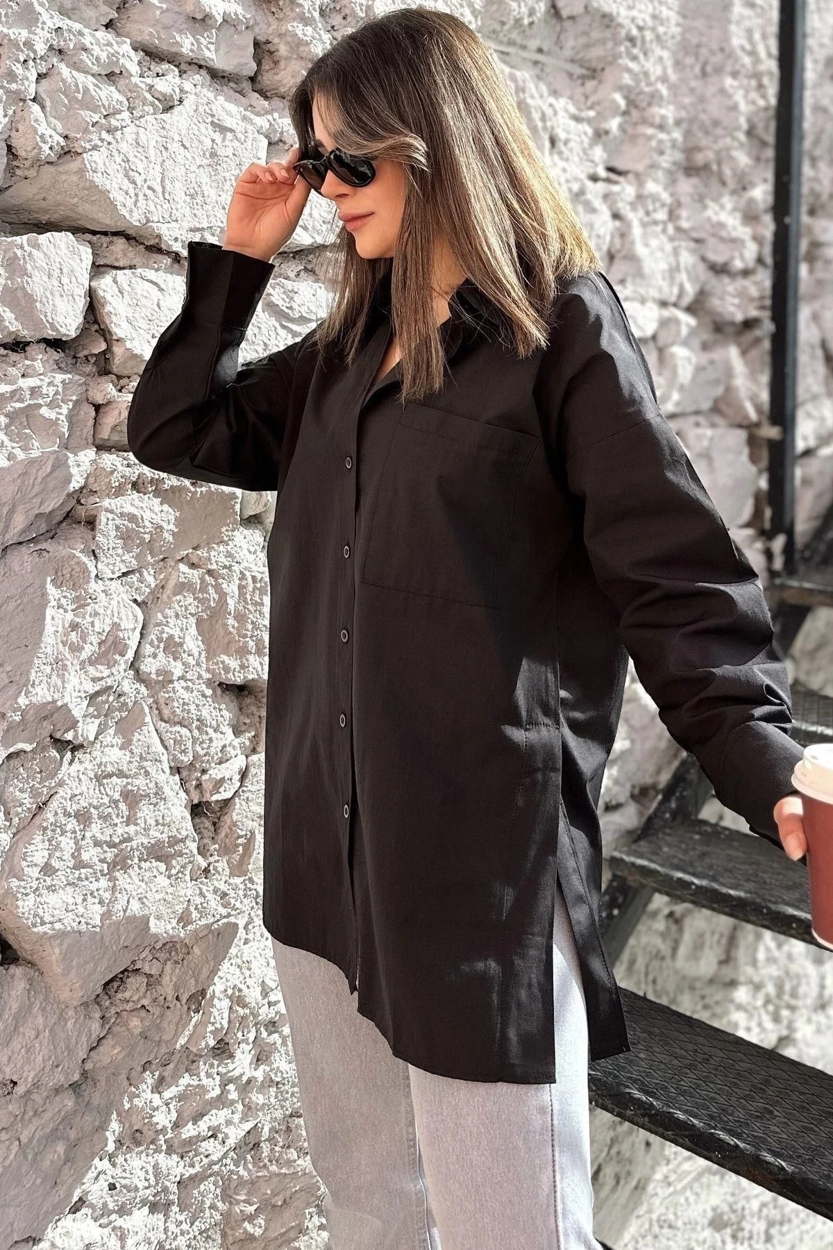 Kadın siyah Terikoton Kumaş, Yırtmaçlı, Rahat Uzun Gömlek