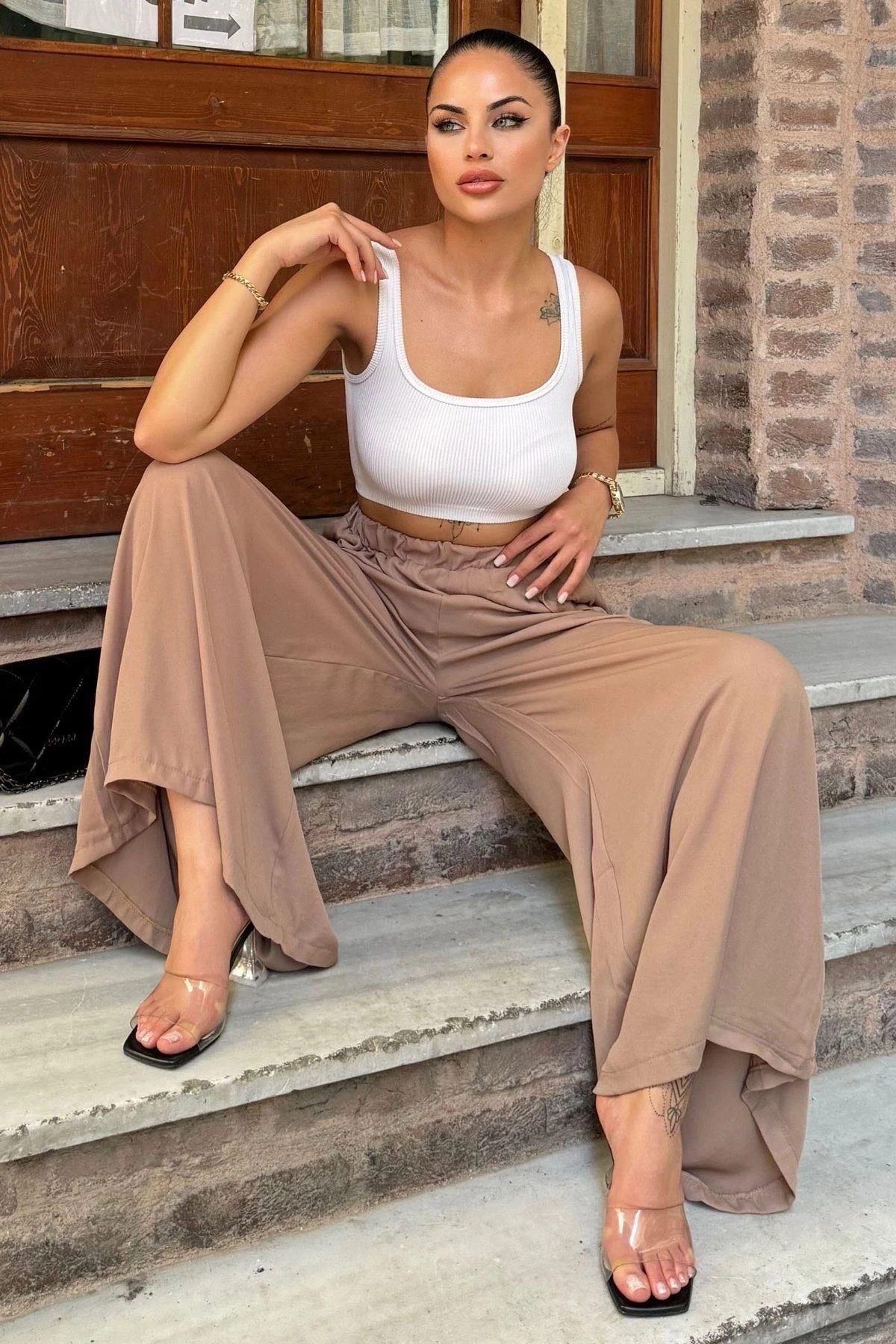 Kadın Vızon Beli Lastikli,Cepli, Bol Paça, Salaş Krep Pantolon - Tesettüre Uygun