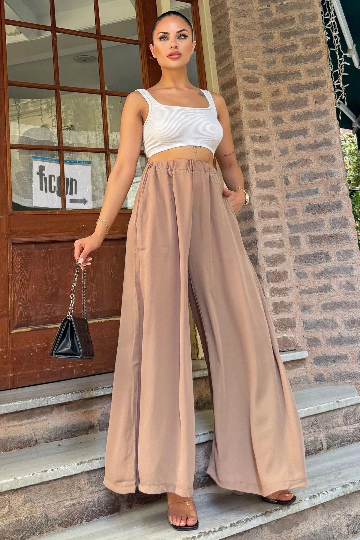 Kadın Vızon Beli Lastikli,Cepli, Bol Paça, Salaş Krep Pantolon - Tesettüre Uygun