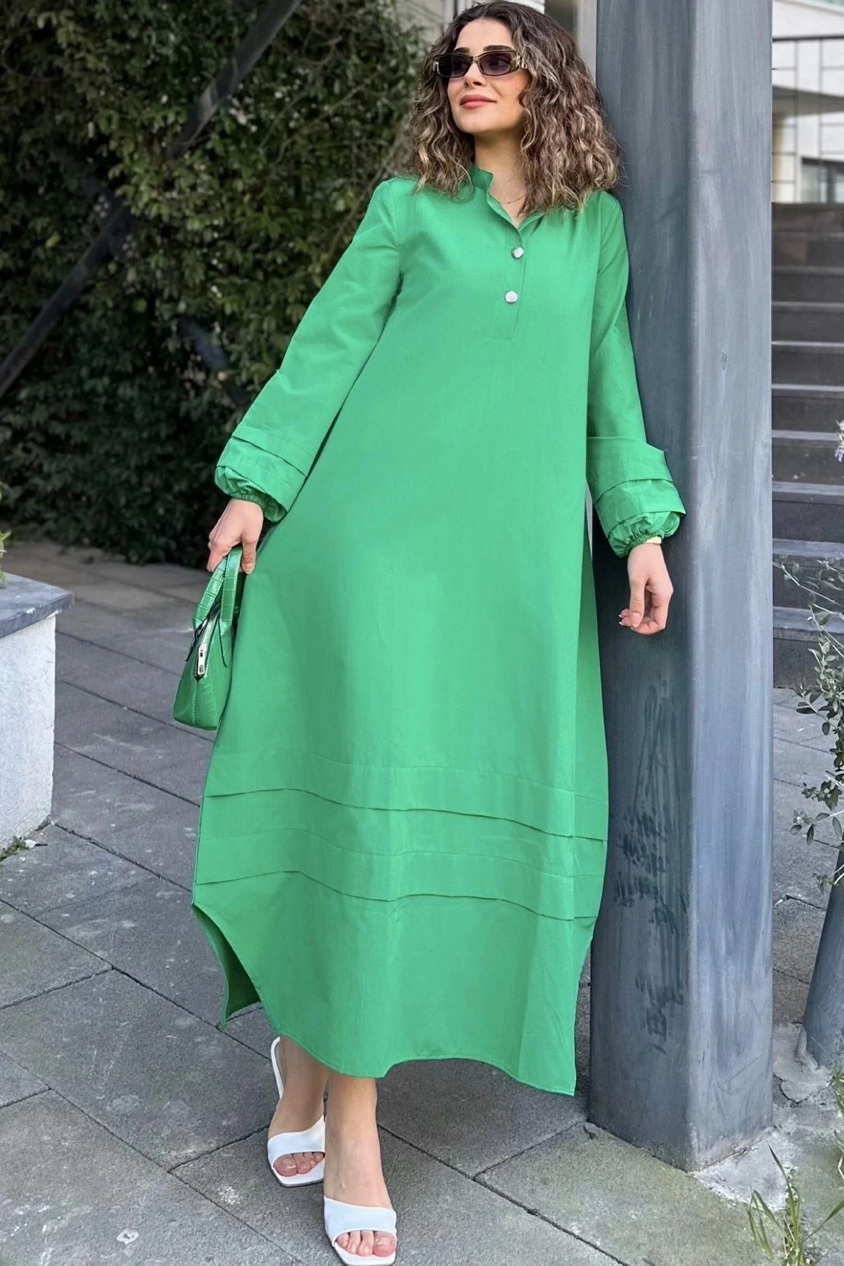 Kadın Yeşil Hakim Yaka, Lastikli Balon Kol, Etek Ve Kolu Kat Kumaş Dikişli, Uzun Salaş Elbise