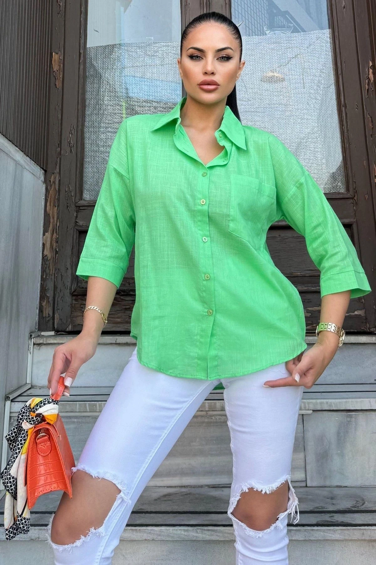 Kadın Yeşil Truvakar Kol, Oval Kesim, Terletmez, Flamlı Keten Salaş Gömlek
