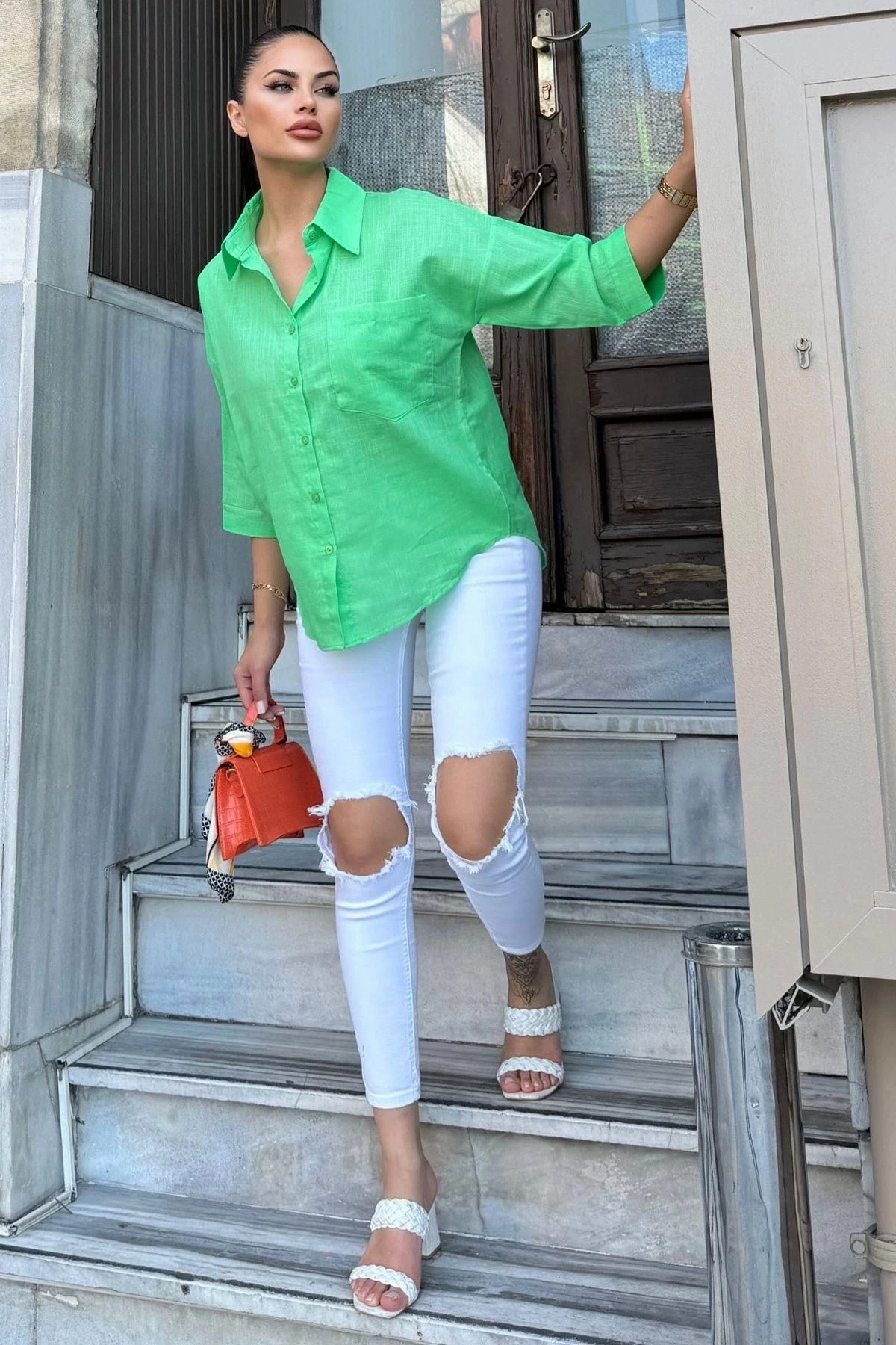 Kadın Yeşil Truvakar Kol, Oval Kesim, Terletmez, Flamlı Keten Salaş Gömlek