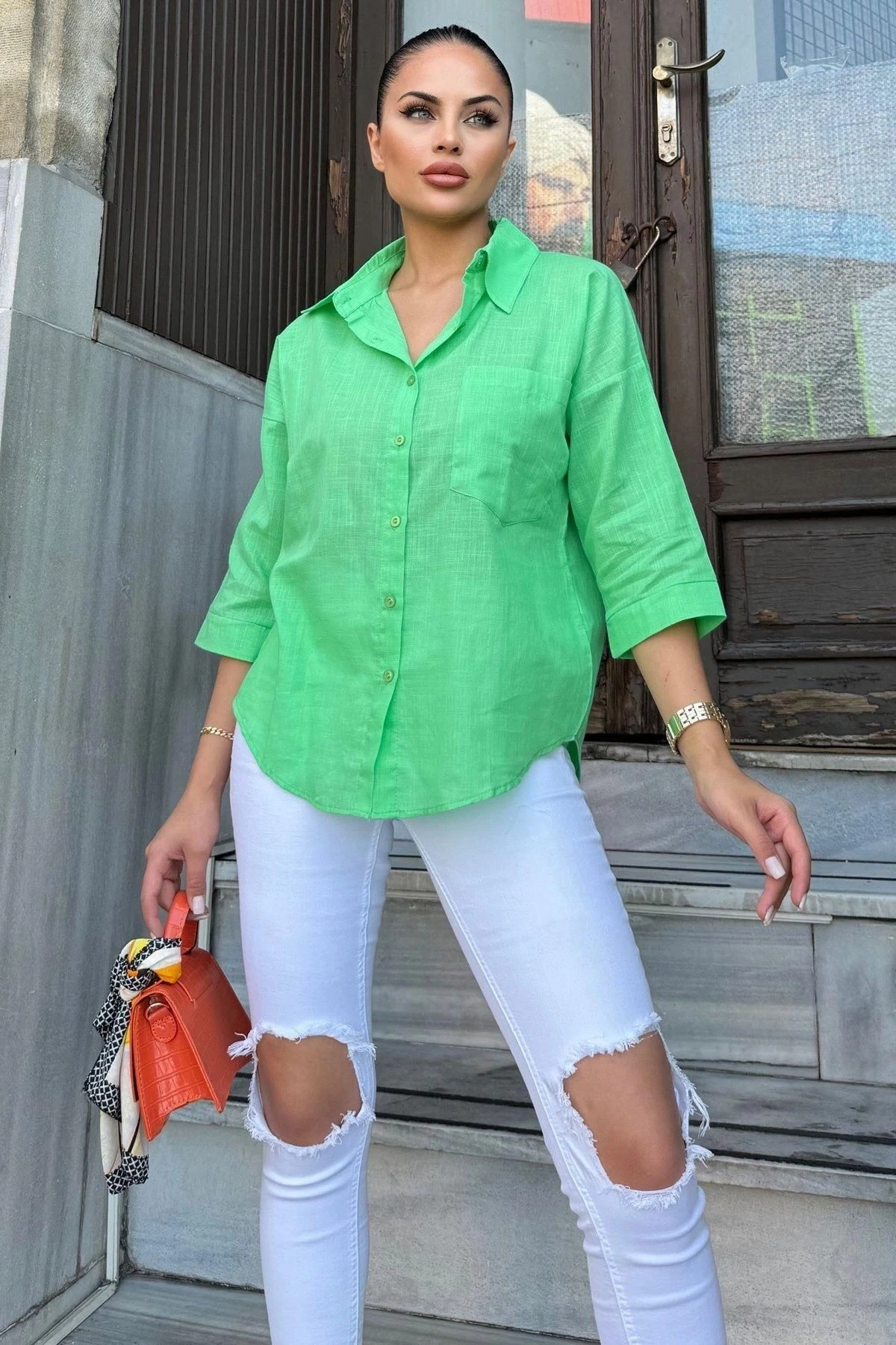 Kadın Yeşil Truvakar Kol, Oval Kesim, Terletmez, Flamlı Keten Salaş Gömlek