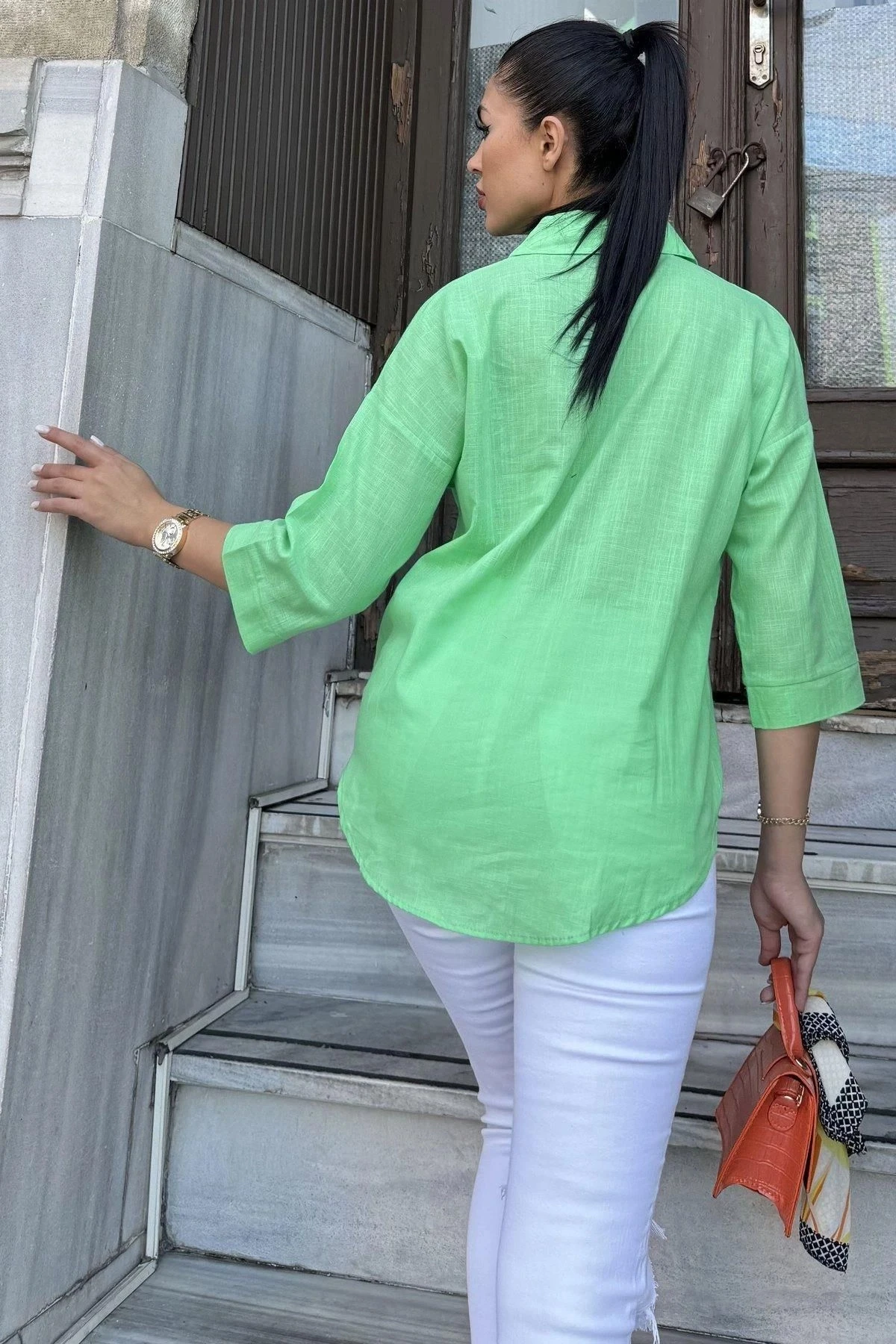 Kadın Yeşil Truvakar Kol, Oval Kesim, Terletmez, Flamlı Keten Salaş Gömlek