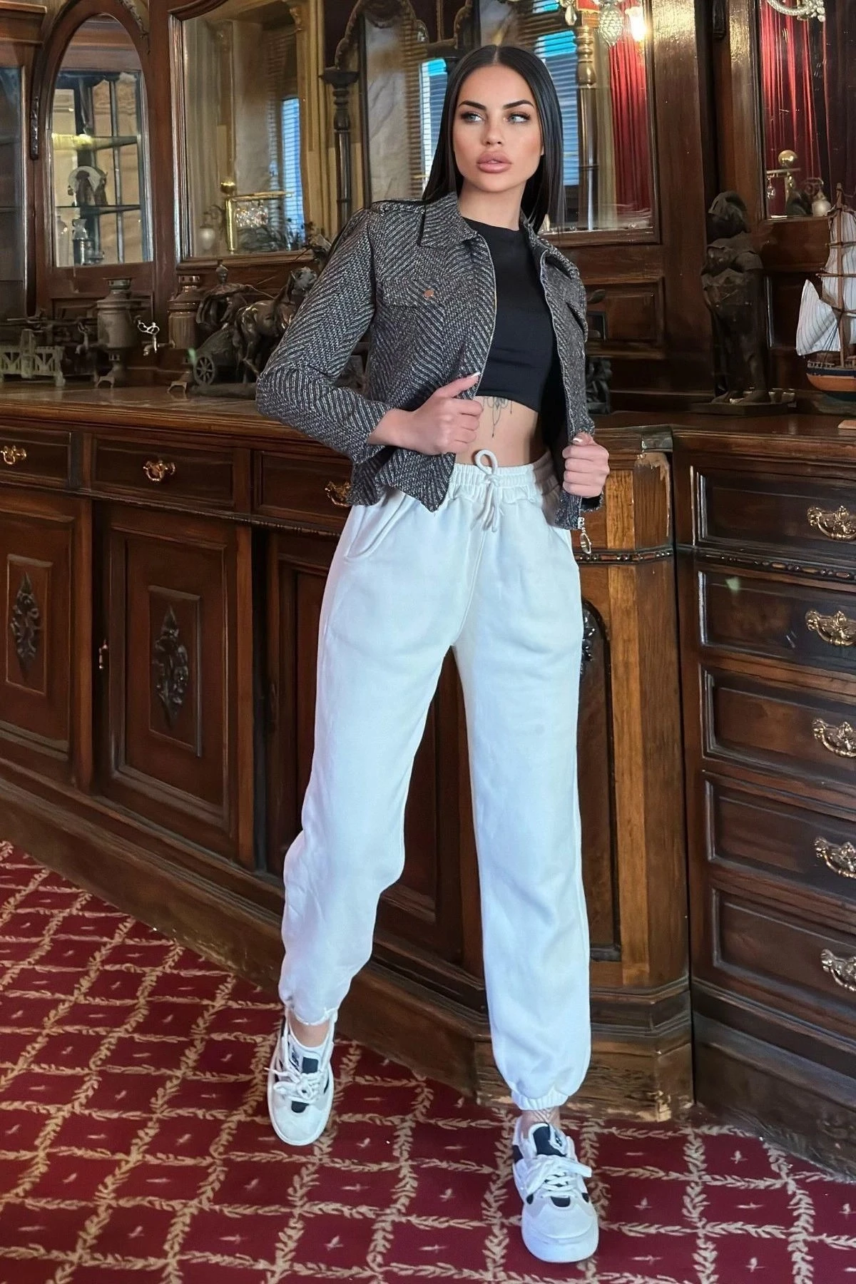 Kahve Balıksırtı Desenli, Fermuarlı, Kısa Kaşe Ceket