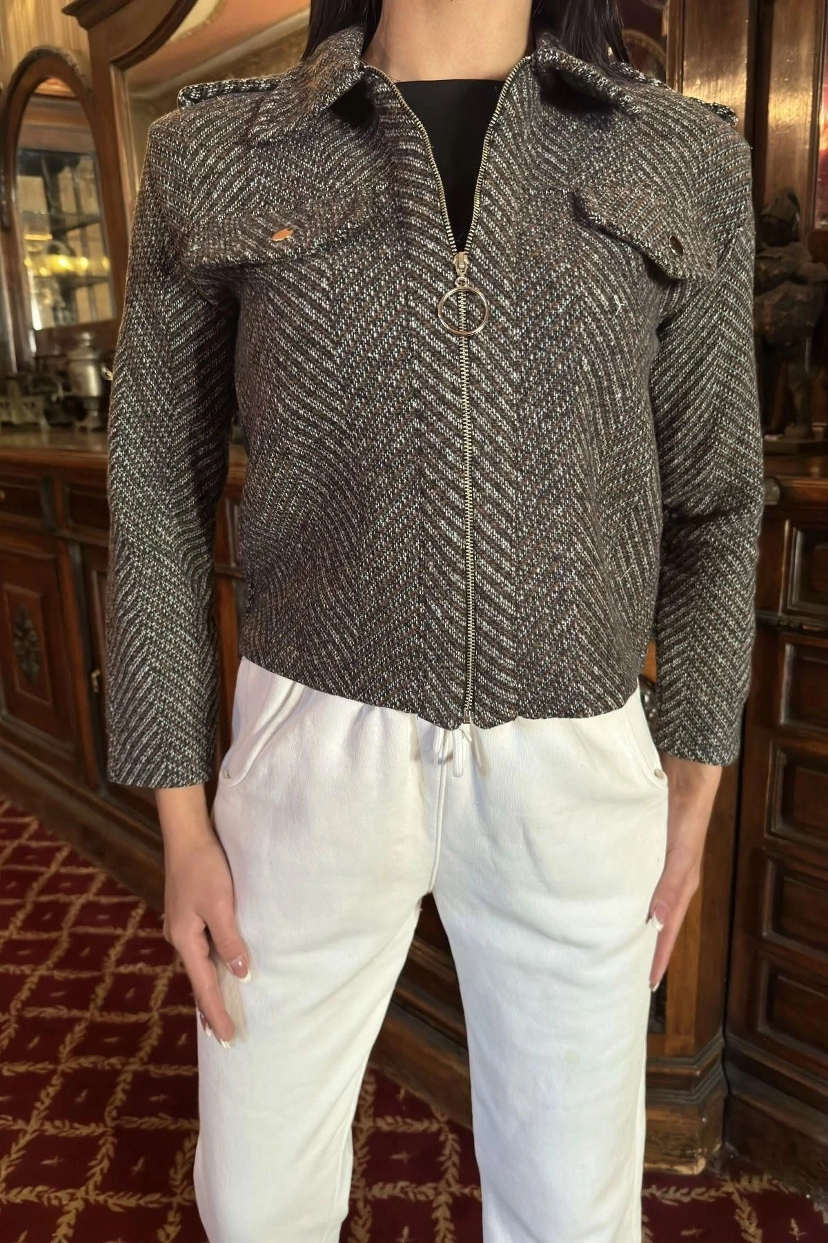 Kahve Balıksırtı Desenli, Fermuarlı, Kısa Kaşe Ceket