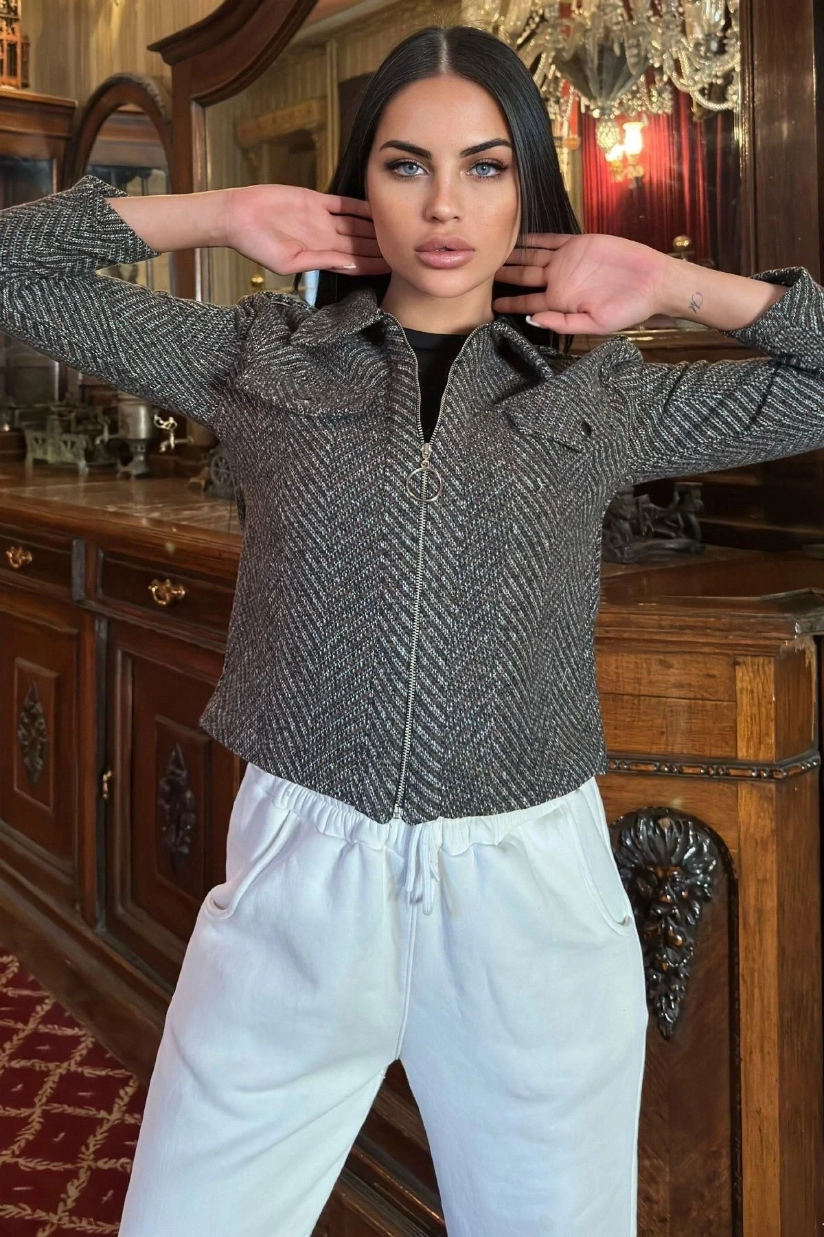 Kahve Balıksırtı Desenli, Fermuarlı, Kısa Kaşe Ceket