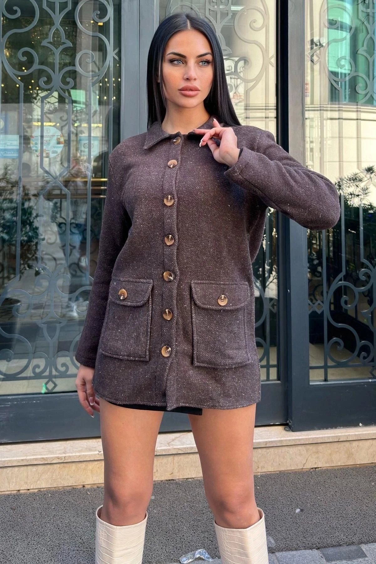 Kahve Çift Cepli, Yumuşak Dokulu Uzun Kaşe Ceket