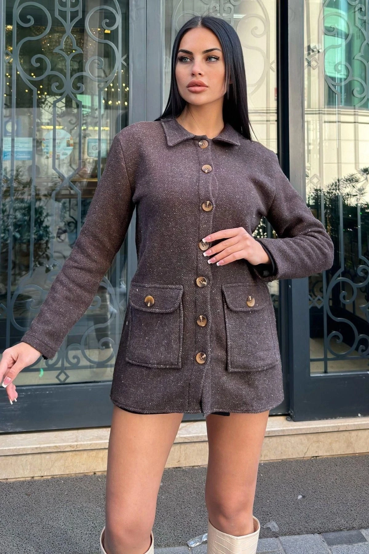 Kahve Çift Cepli, Yumuşak Dokulu Uzun Kaşe Ceket