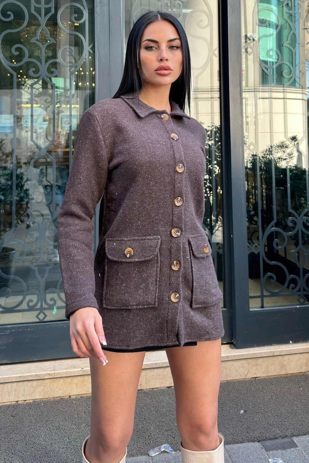 Kahve Çift Cepli, Yumuşak Dokulu Uzun Kaşe Ceket