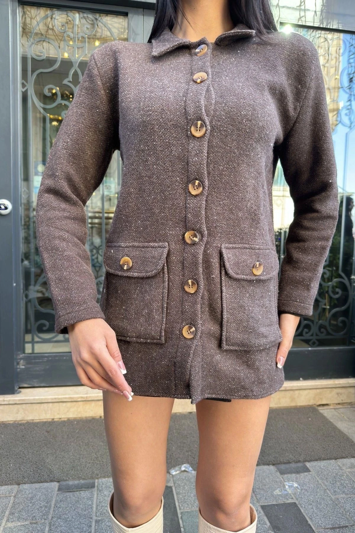 Kahve Çift Cepli, Yumuşak Dokulu Uzun Kaşe Ceket